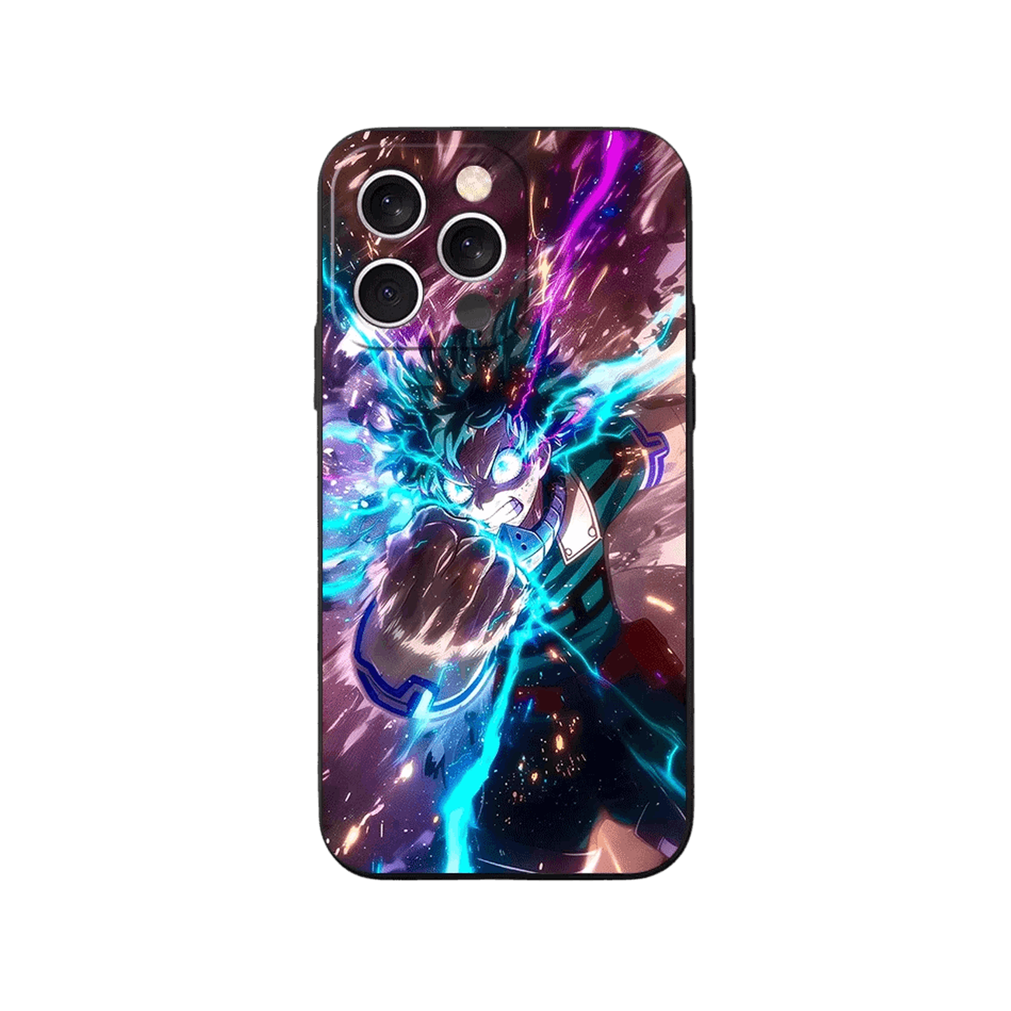 Coque iPhone My Hero Academia – Deku, Poing en Avant, dominante violet et turquoise