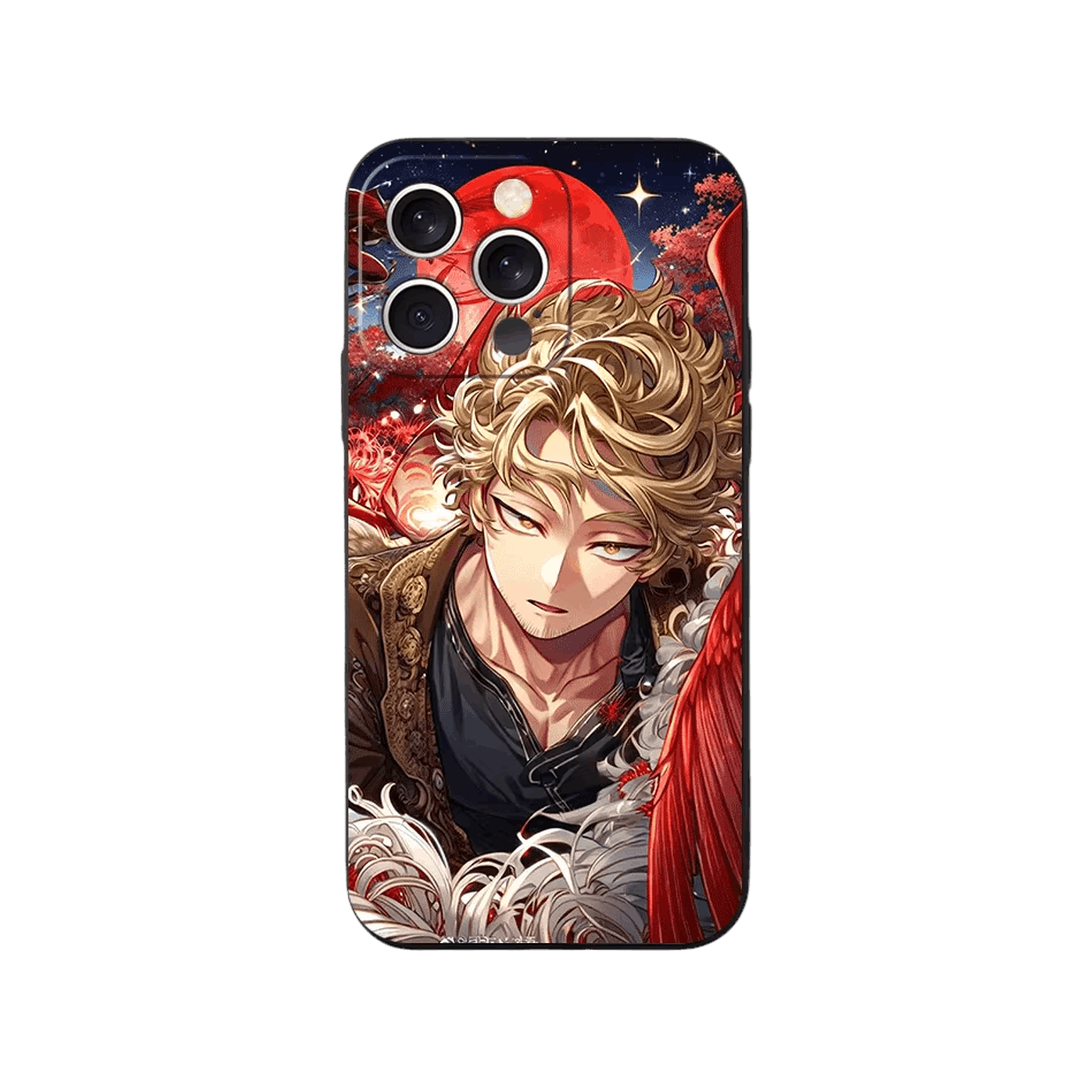 Coque iPhone My Hero Academia – Hawks sous la Lune Rouge, dominante rouge et bleu nuit
