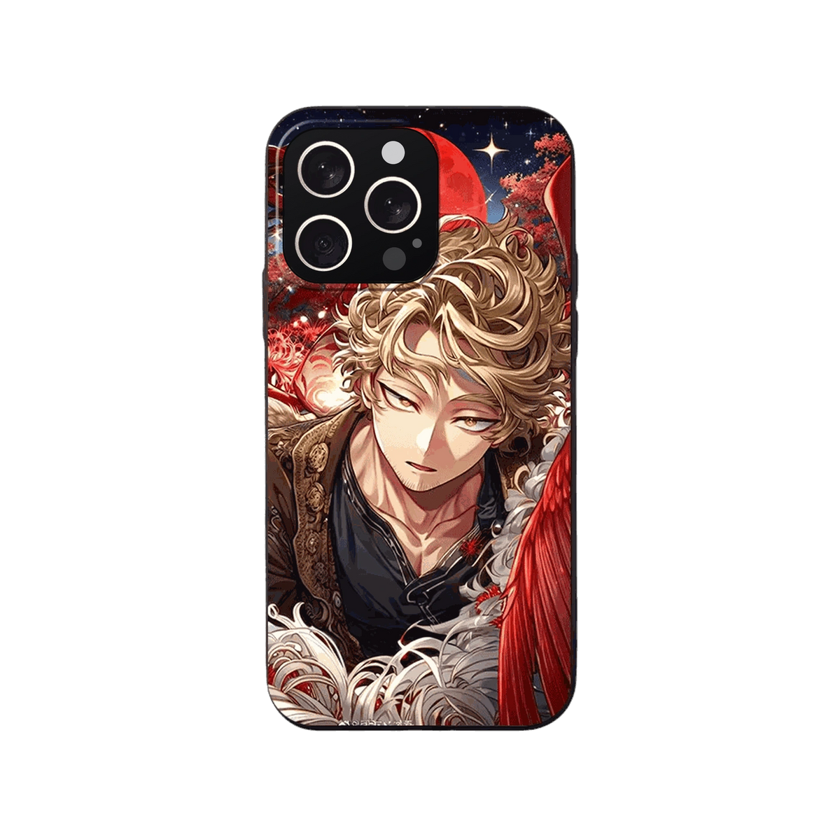Coque iPhone My Hero Academia – Hawks sous la Lune Rouge, dominante rouge et bleu nuit