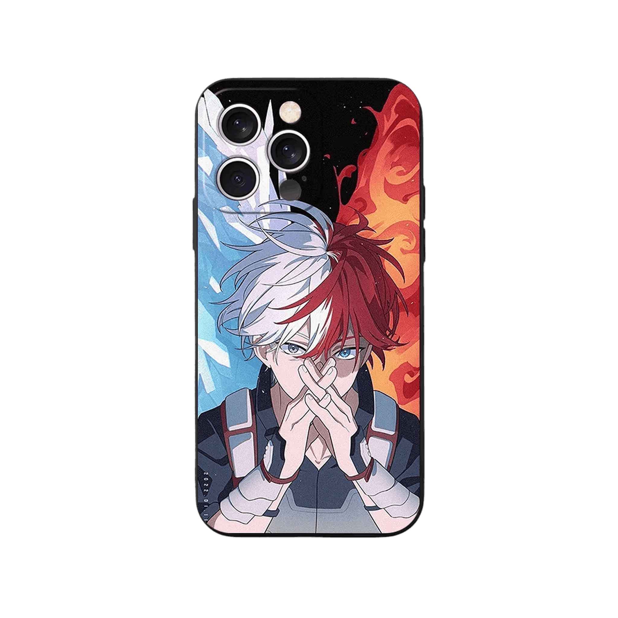 Coque iPhone My Hero Academia – Todoroki, Mains Jointes, dominante bleu et rouge