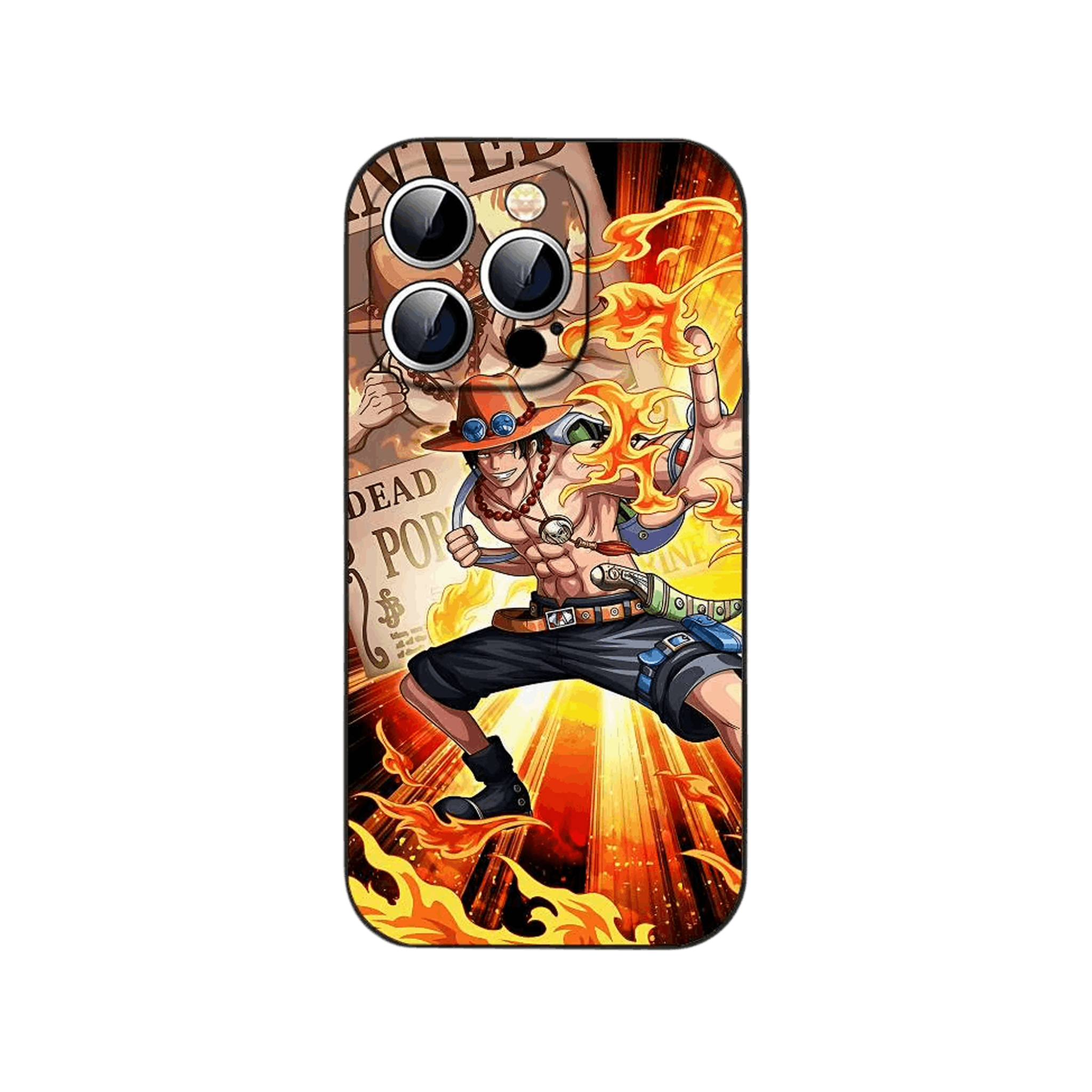 Coque iPhone One Piece illustrant Portgas D. Ace en plein bond devant un avis de recherche et des rayons orange