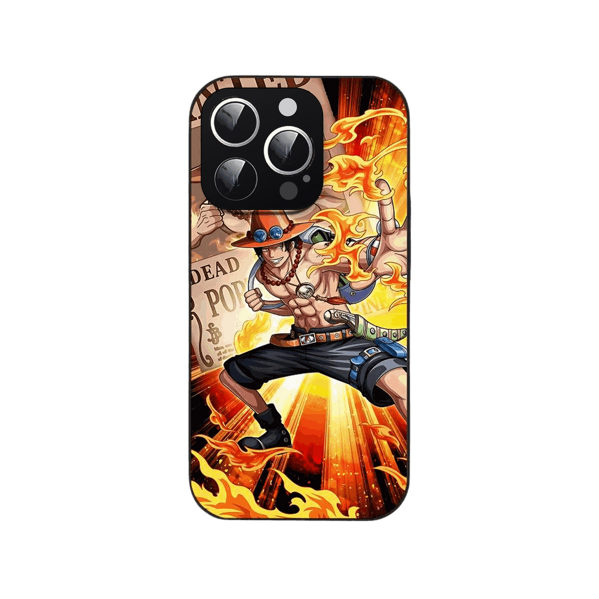 Coque iPhone One Piece illustrant Portgas D. Ace en plein bond devant un avis de recherche et des rayons orange