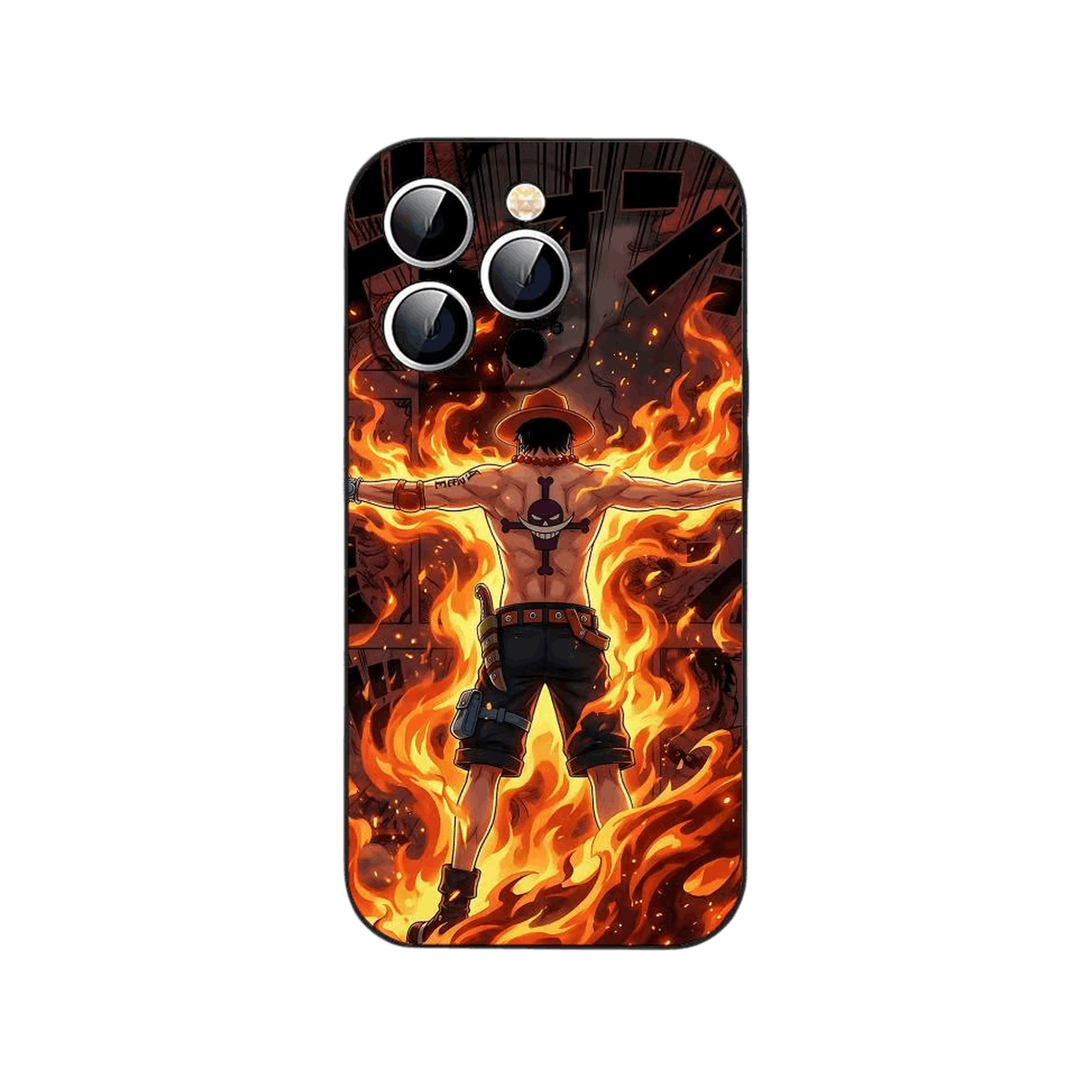 Coque iPhone One Piece illustrant Portgas D. Ace de dos, bras écartés, tatouage d équipage visible, entouré de flammes