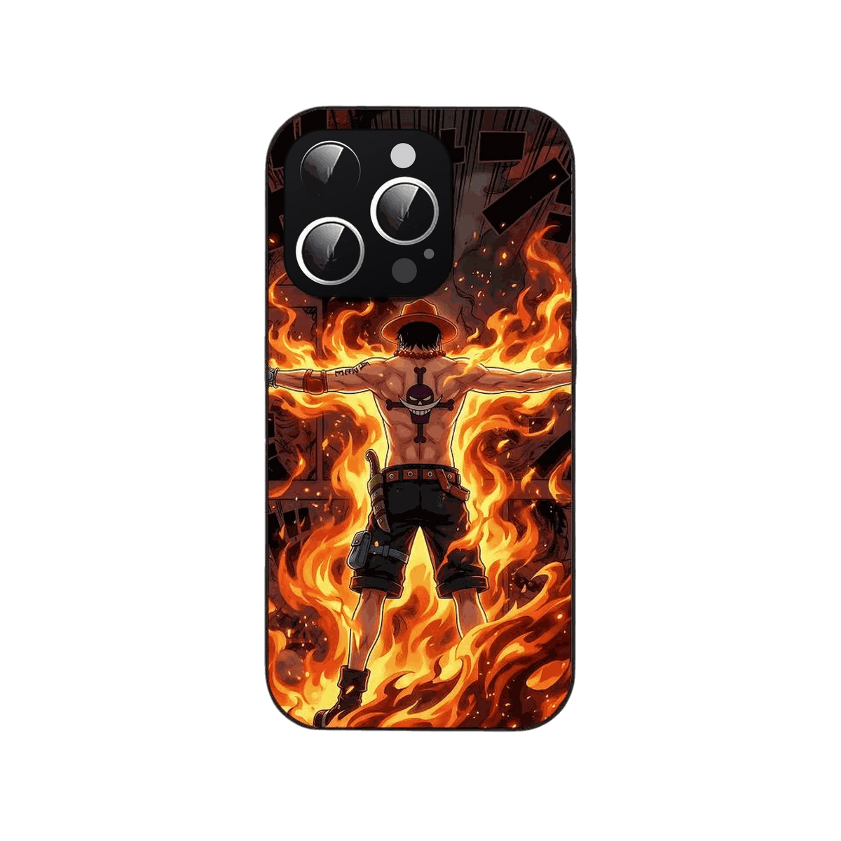 Coque iPhone One Piece illustrant Portgas D. Ace de dos, bras écartés, tatouage d équipage visible, entouré de flammes