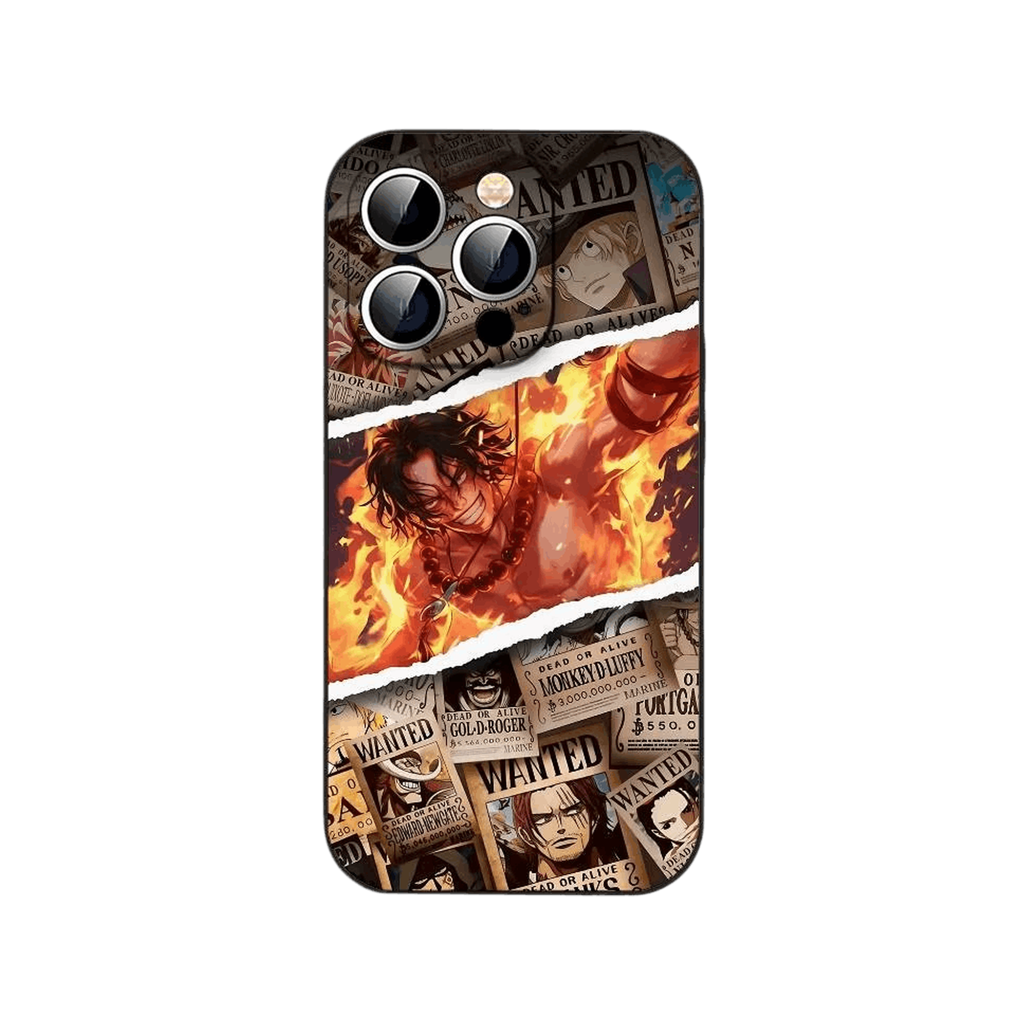 Coque iPhone One Piece illustrant un mur d avis de recherche déchiré laissant apparaître Portgas D. Ace dans les flammes