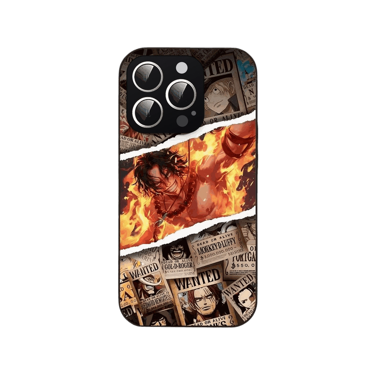 Coque iPhone One Piece illustrant un mur d avis de recherche déchiré laissant apparaître Portgas D. Ace dans les flammes