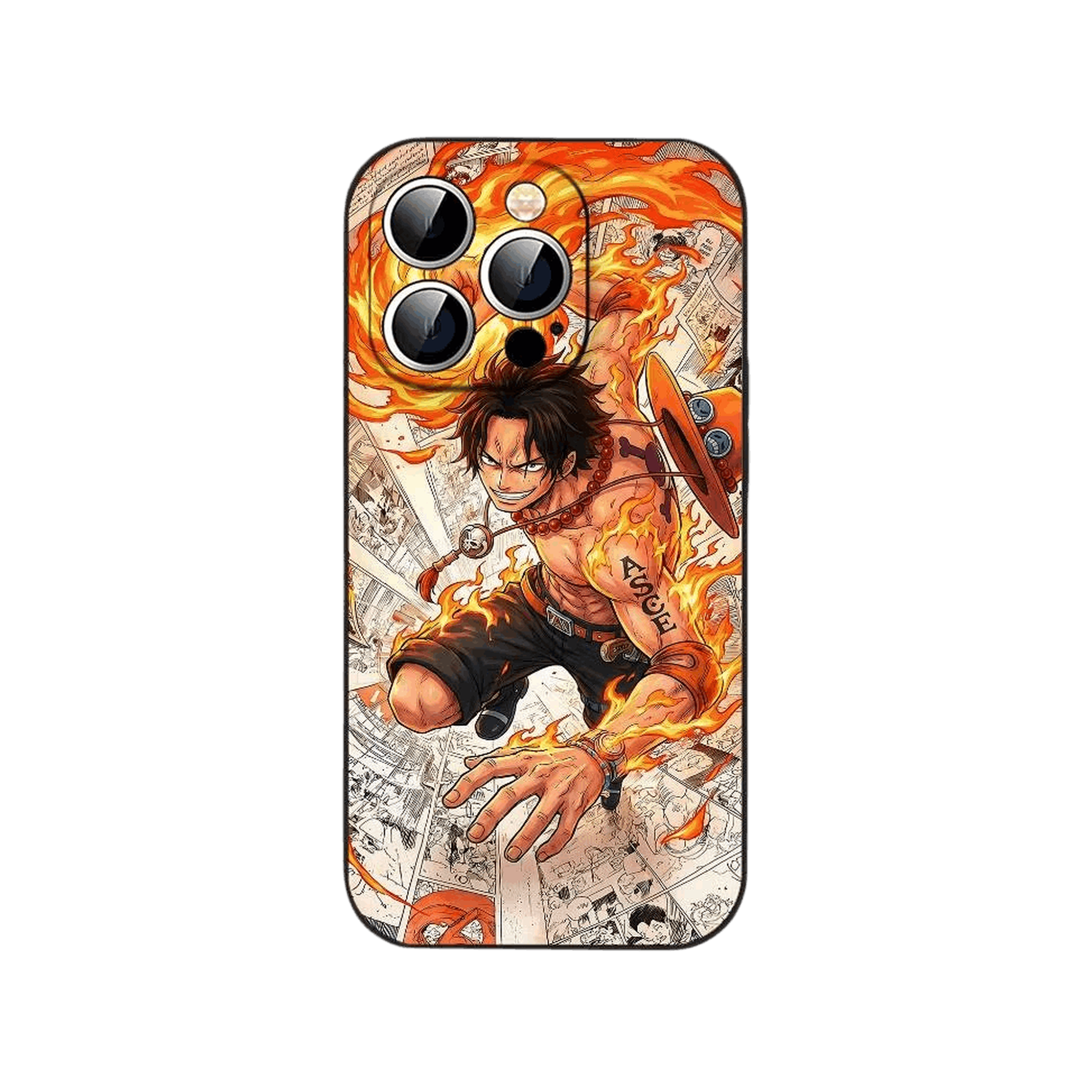 Coque iPhone One Piece illustrant Portgas D. Ace en couleur sur un fond de planches de manga en noir et blanc