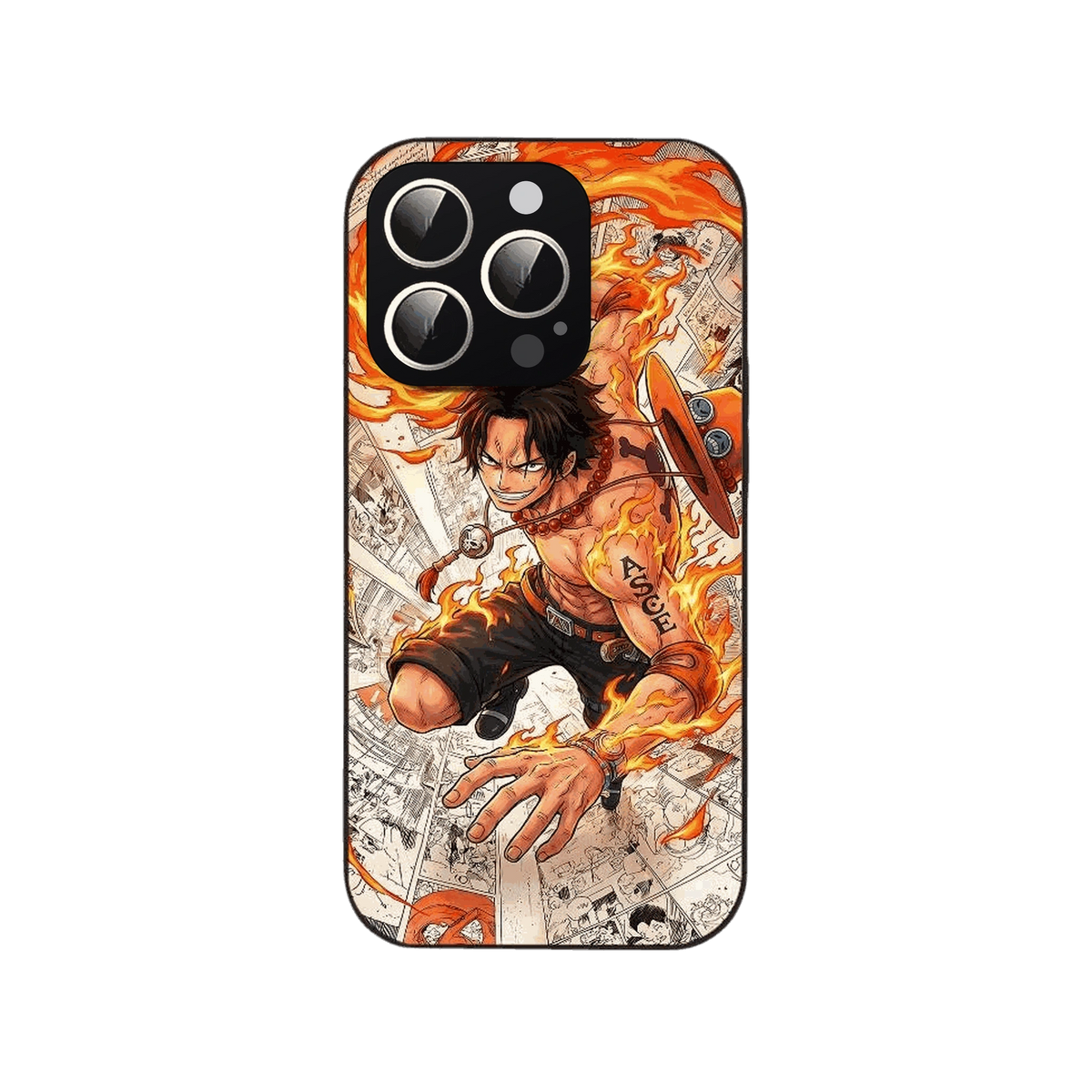 Coque iPhone One Piece illustrant Portgas D. Ace en couleur sur un fond de planches de manga en noir et blanc
