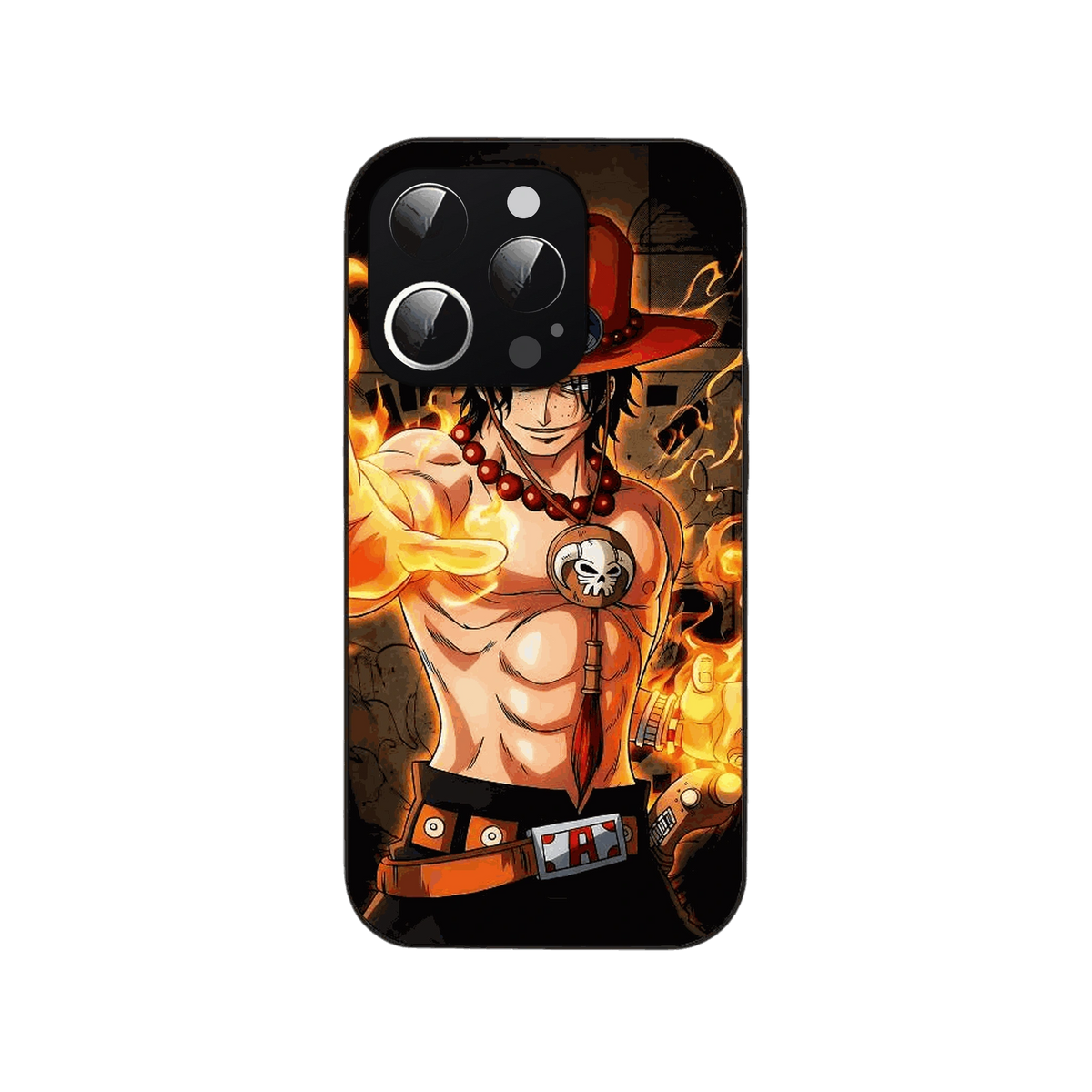Coque iPhone One Piece illustrant un portrait rapproché de Portgas D. Ace avec son chapeau et une flamme dans la main