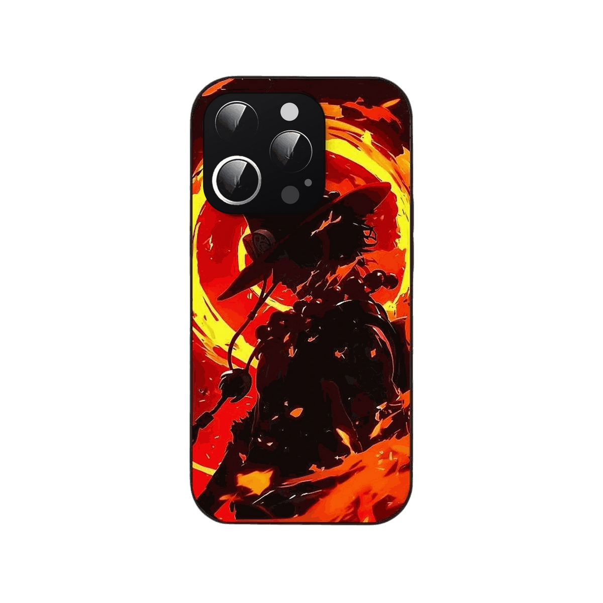 Coque iPhone One Piece illustrant la silhouette noire de Portgas D. Ace en contre-jour devant un disque de flammes
