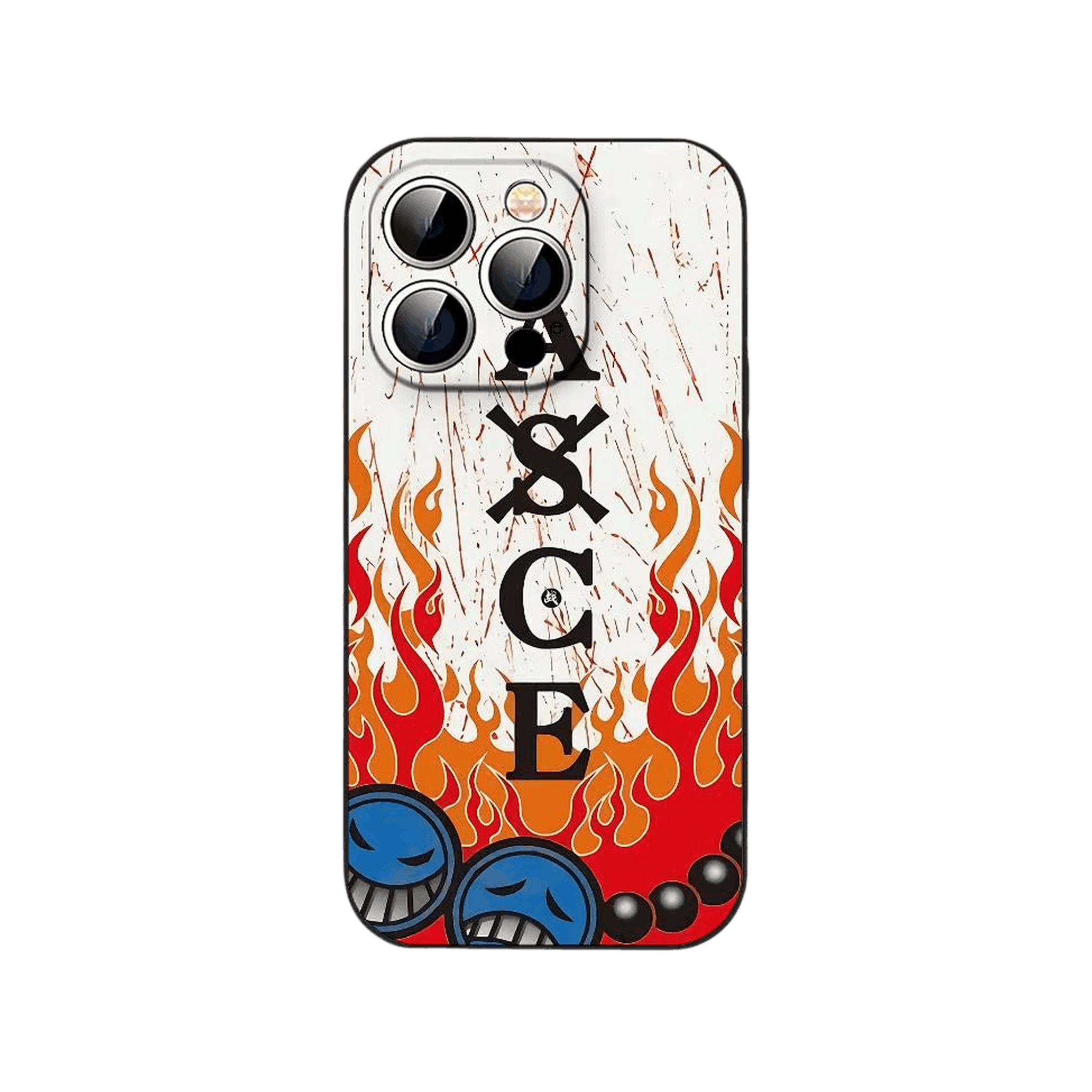 Coque iPhone One Piece illustrant le lettrage du tatouage ASCE, des flammes et les médaillons du chapeau d'Ace