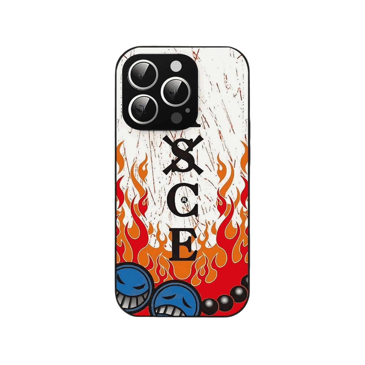 Coque iPhone One Piece illustrant le lettrage du tatouage ASCE, des flammes et les médaillons du chapeau d'Ace