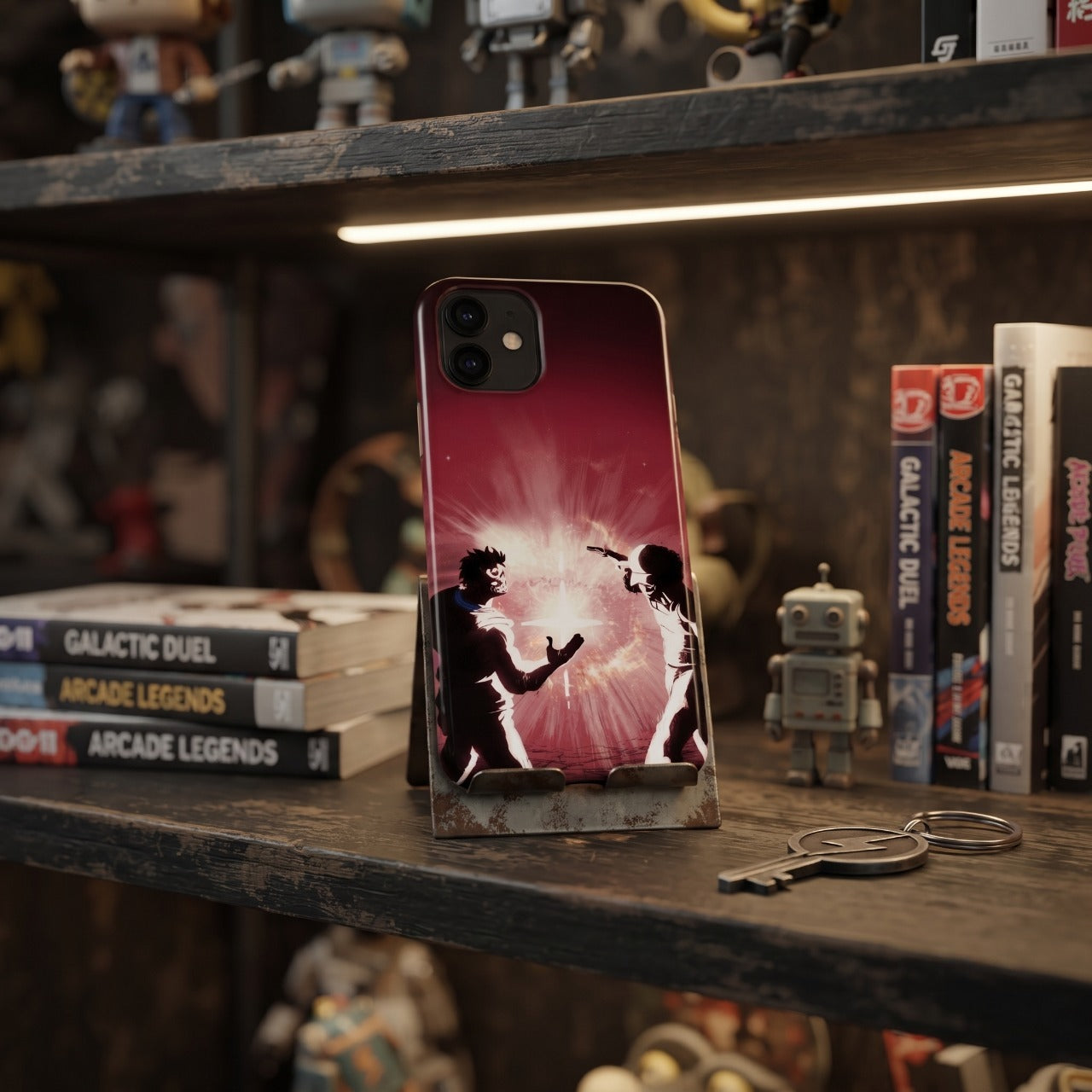 Coque iPhone One Piece Aokiji et Garp posée sur une étagère de collectionneur, illustration de duel en teintes rouges