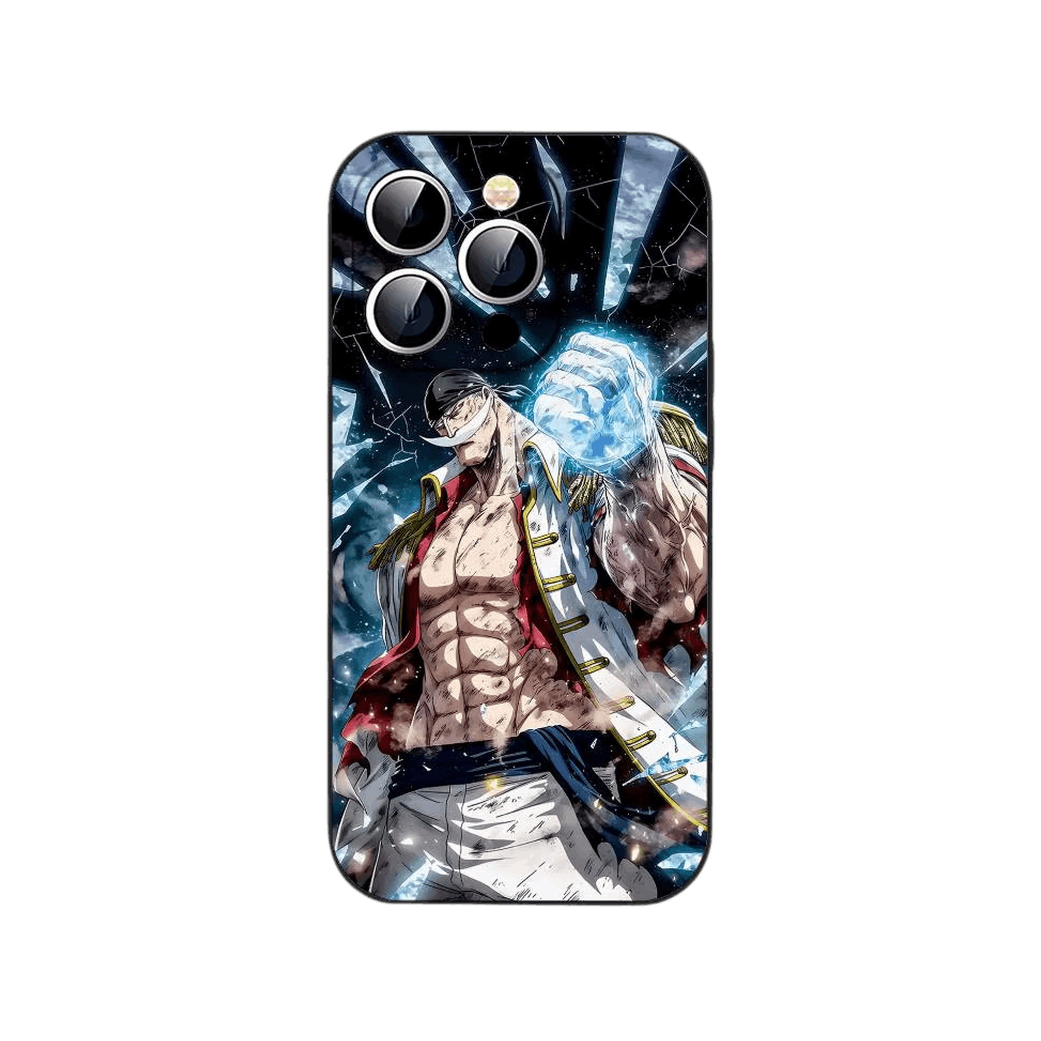Coque iPhone One Piece illustrant debout, bisento en main, aura bleue