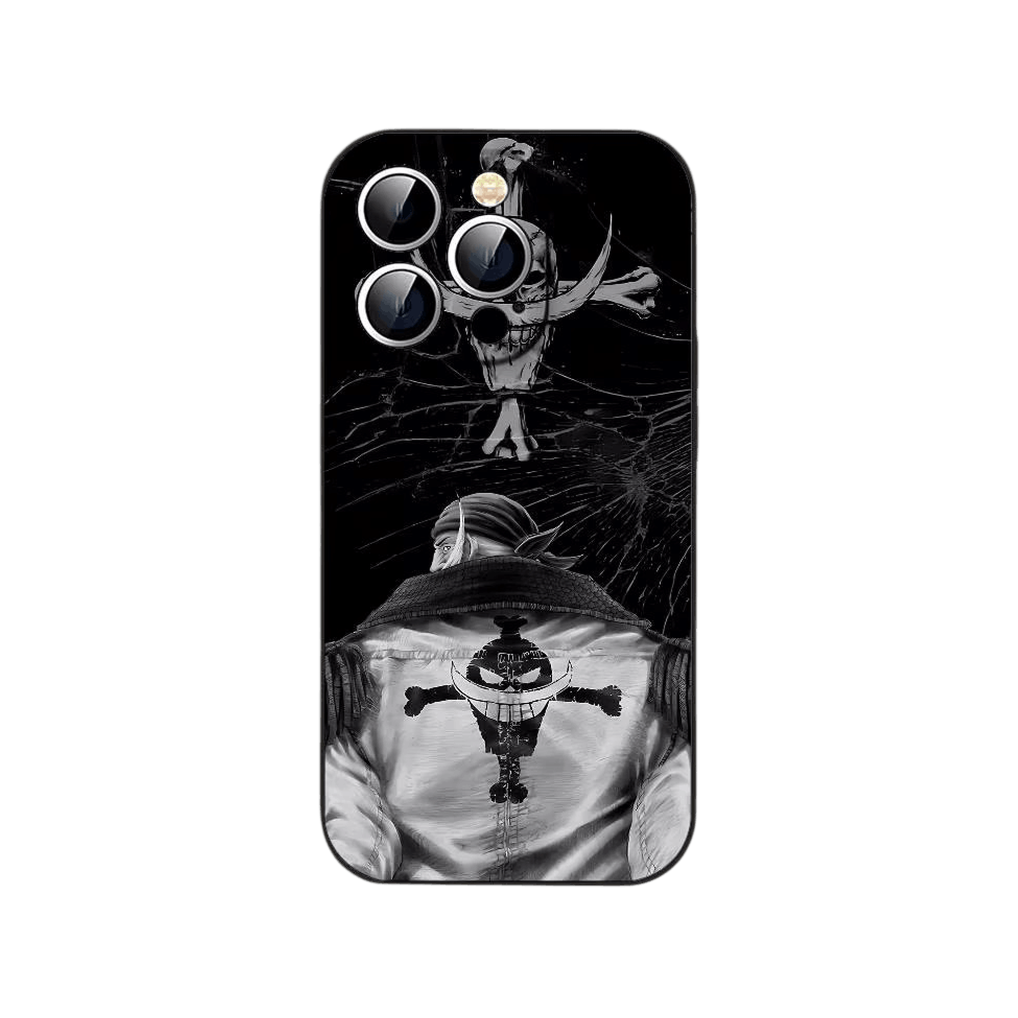 Coque iPhone One Piece illustrant Barbe Blanche de dos en noir et blanc avec l emblème de son équipage