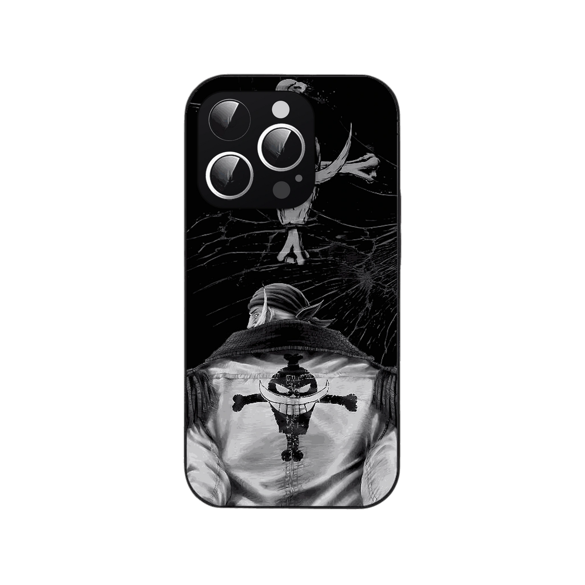 Coque iPhone One Piece illustrant Barbe Blanche de dos en noir et blanc avec l emblème de son équipage