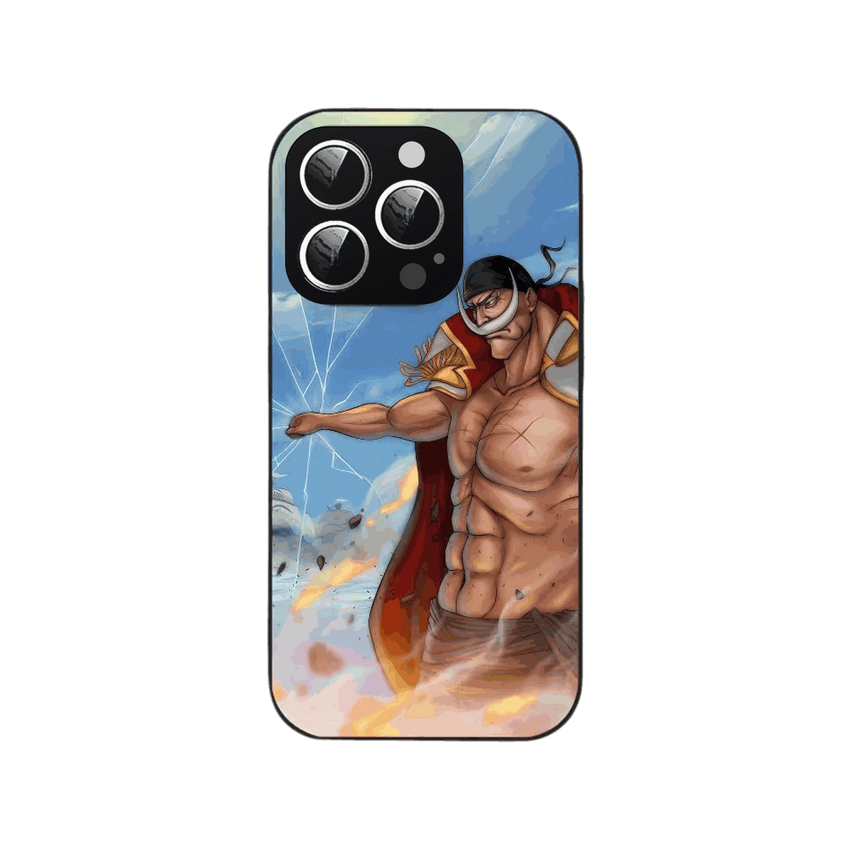 Coque iPhone One Piece illustrant Barbe Blanche debout cape ouverte sur un ciel fissuré au-dessus de flammes