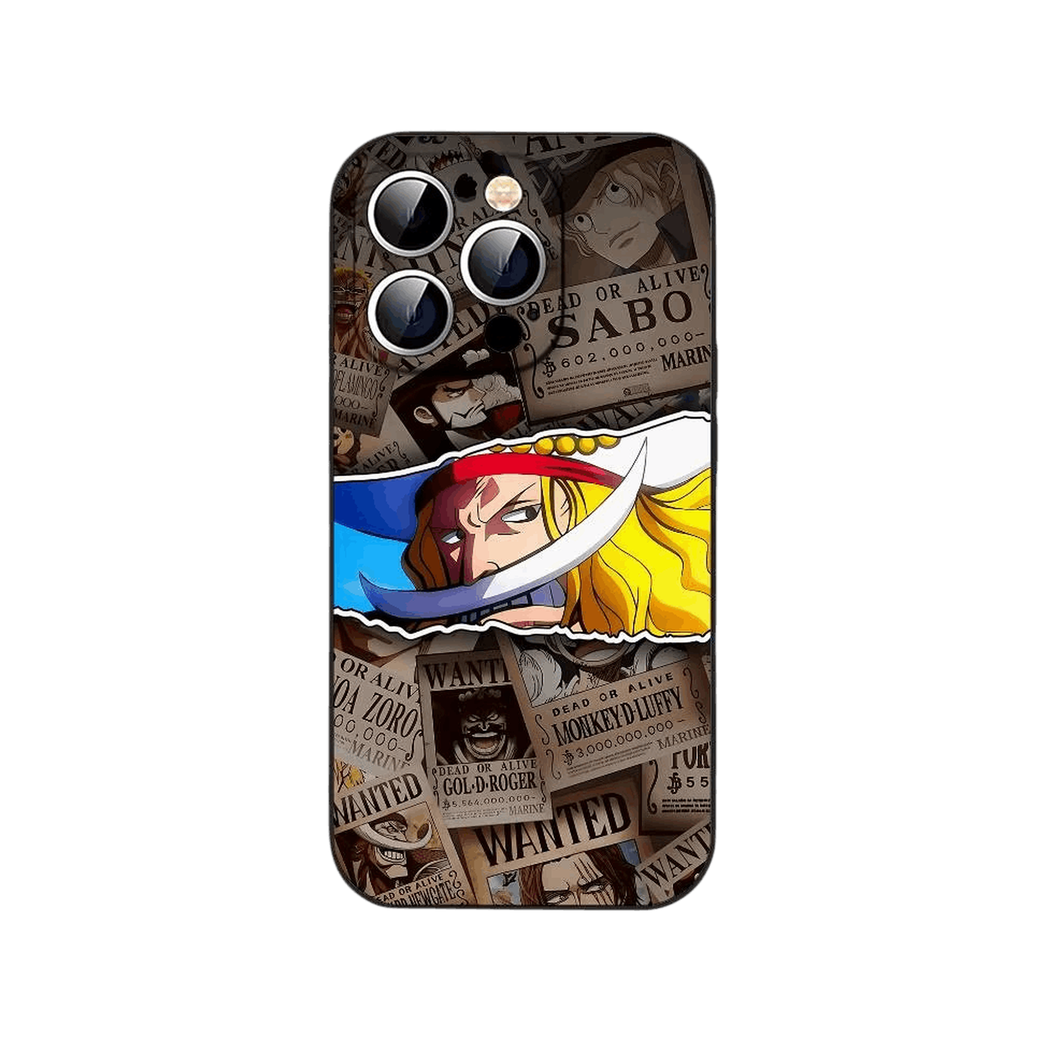 Coque iPhone One Piece illustrant mur d'avis de recherche dechire revelant le personnage jeune