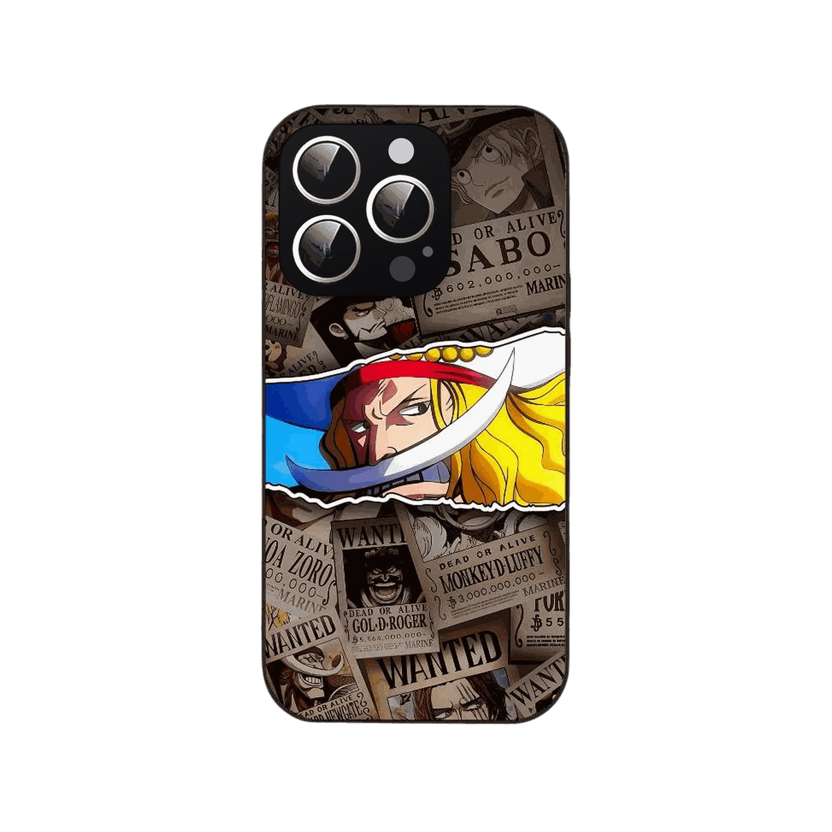 Coque iPhone One Piece illustrant mur d'avis de recherche dechire revelant le personnage jeune