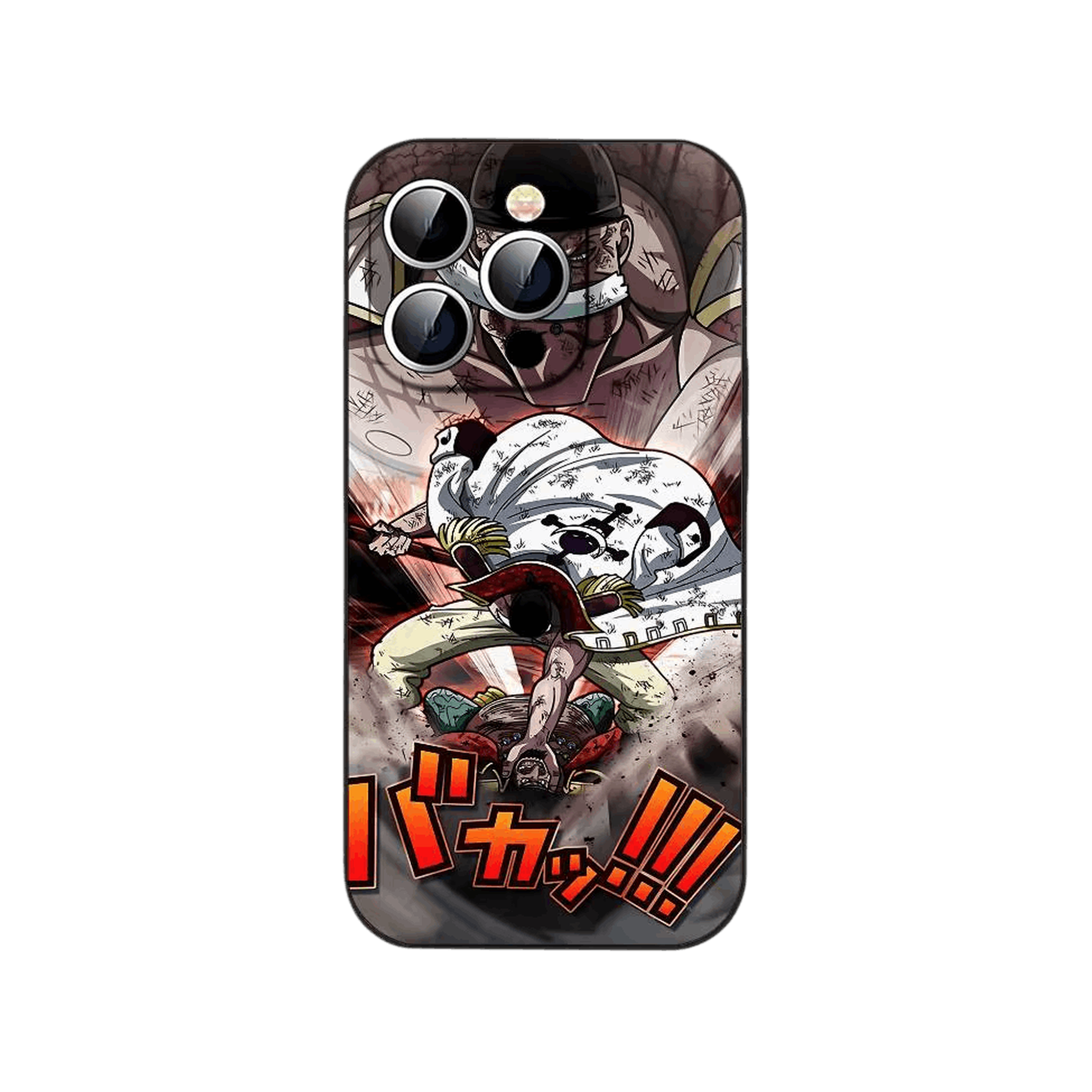 Coque iPhone One Piece illustrant une scène d action de Barbe Blanche en noir et blanc avec une onomatopée rouge