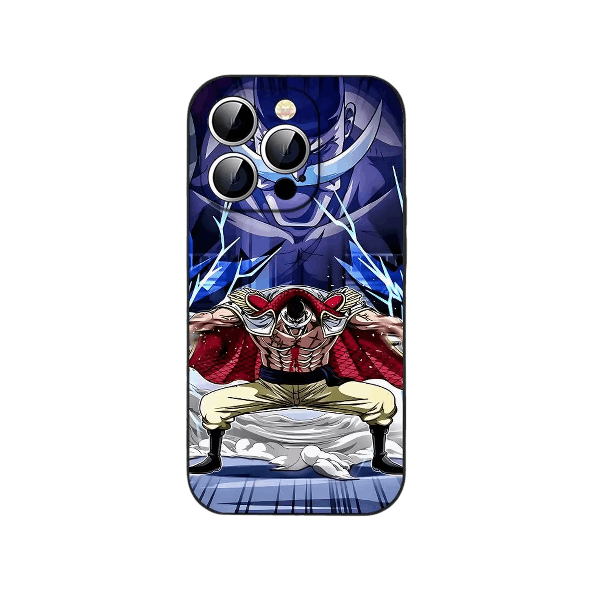Coque iPhone One Piece illustrant assis sur son siege, torse nu, eclairs bleus autour