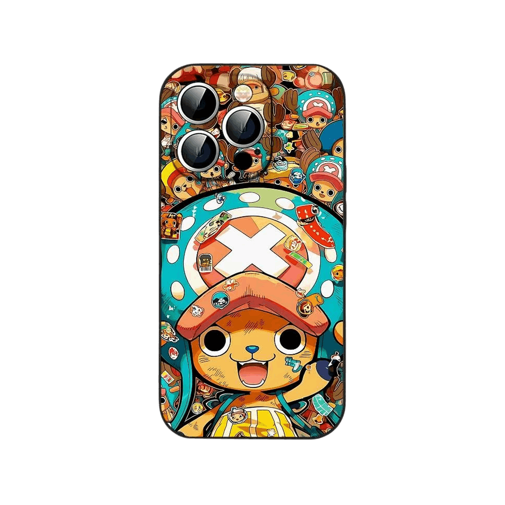 Coque iPhone One Piece illustrant Tony Tony Chopper en gros plan avec un chapeau couvert de badges