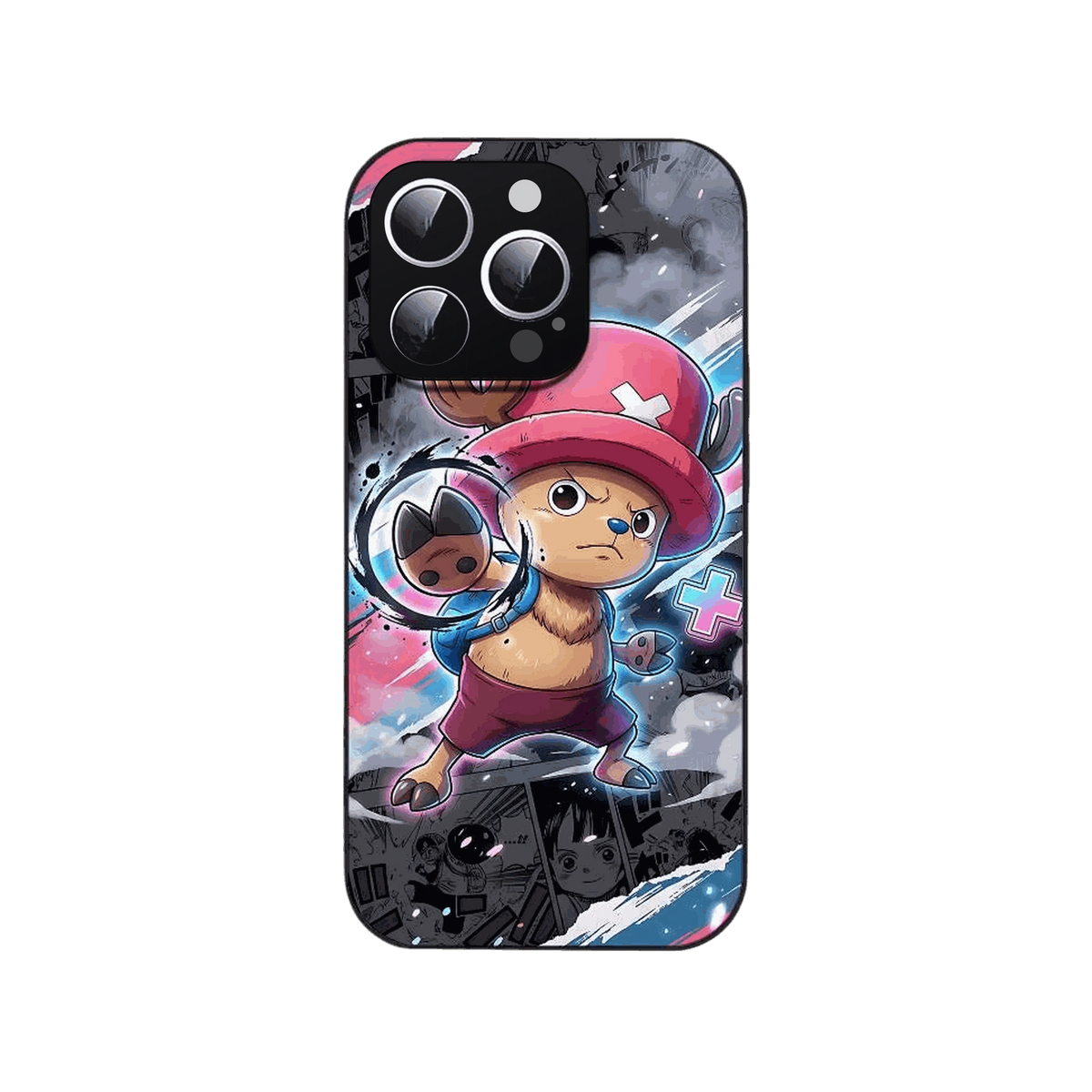 Coque iPhone One Piece illustrant Tony Tony Chopper à l expression sérieuse devant un cercle d encre au pinceau
