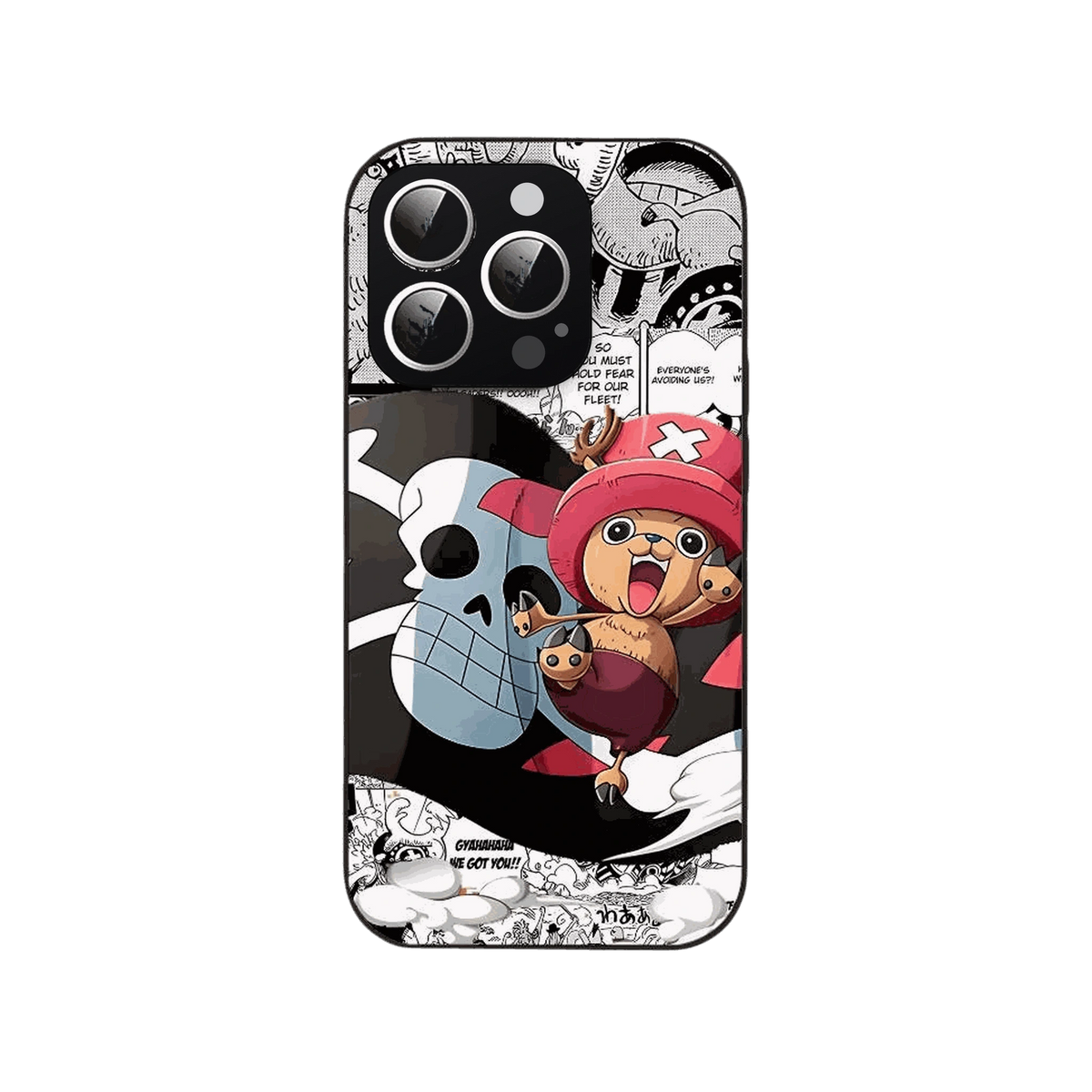 Coque iPhone One Piece illustrant Tony Tony Chopper devant un pavillon pirate sur fond de cases de manga
