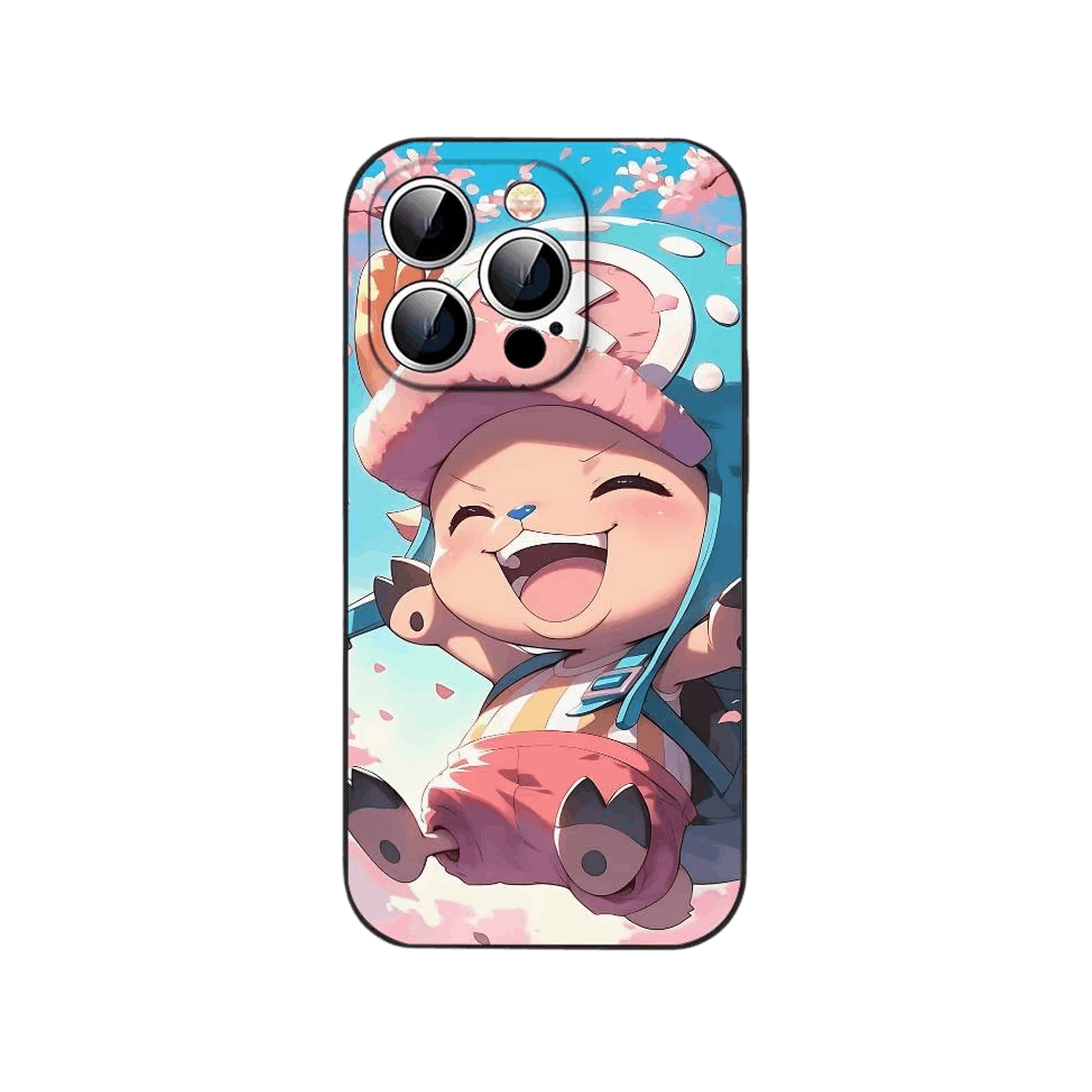 Coque iPhone One Piece illustrant Tony Tony Chopper riant sous une pluie de pétales en tons pastel