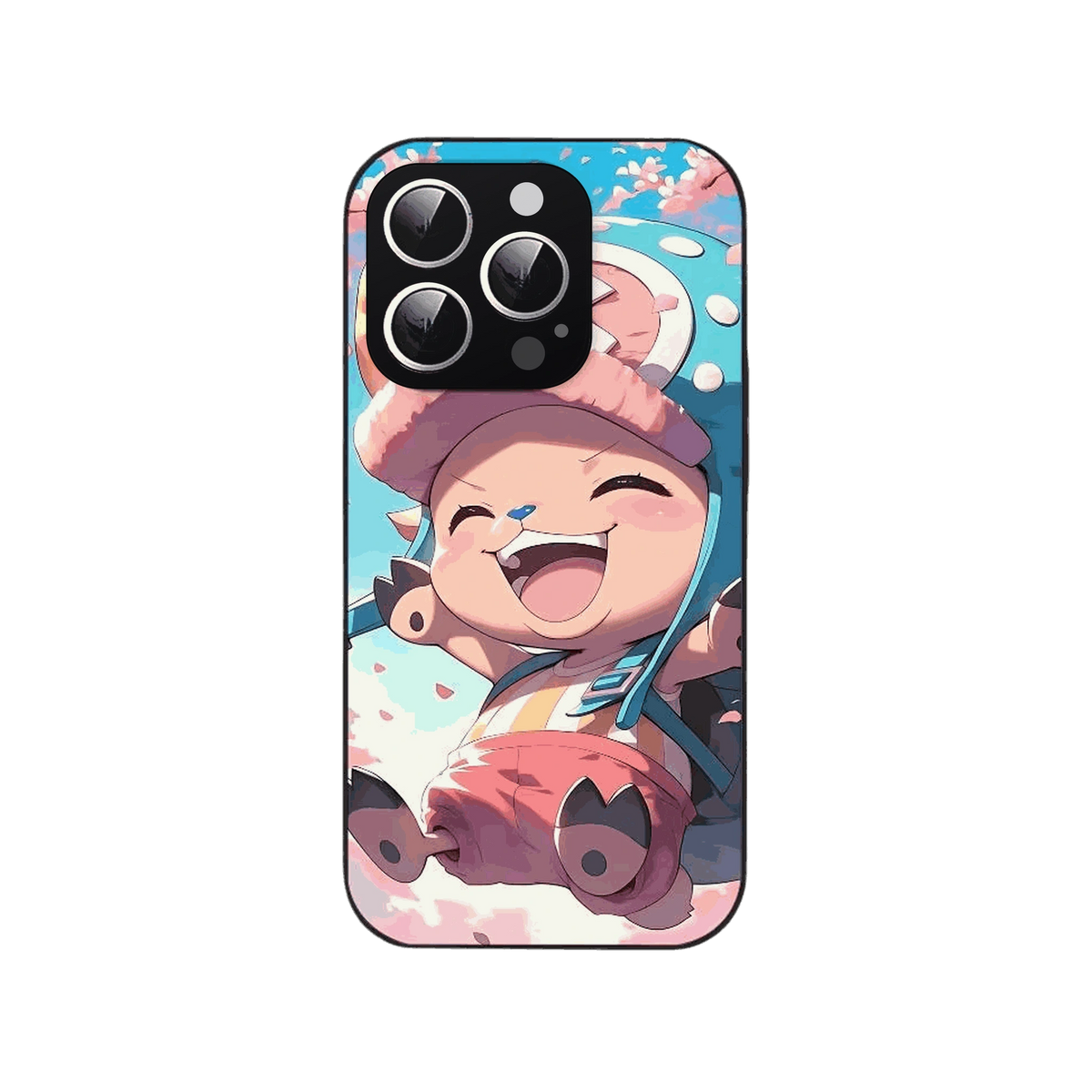 Coque iPhone One Piece illustrant Tony Tony Chopper riant sous une pluie de pétales en tons pastel