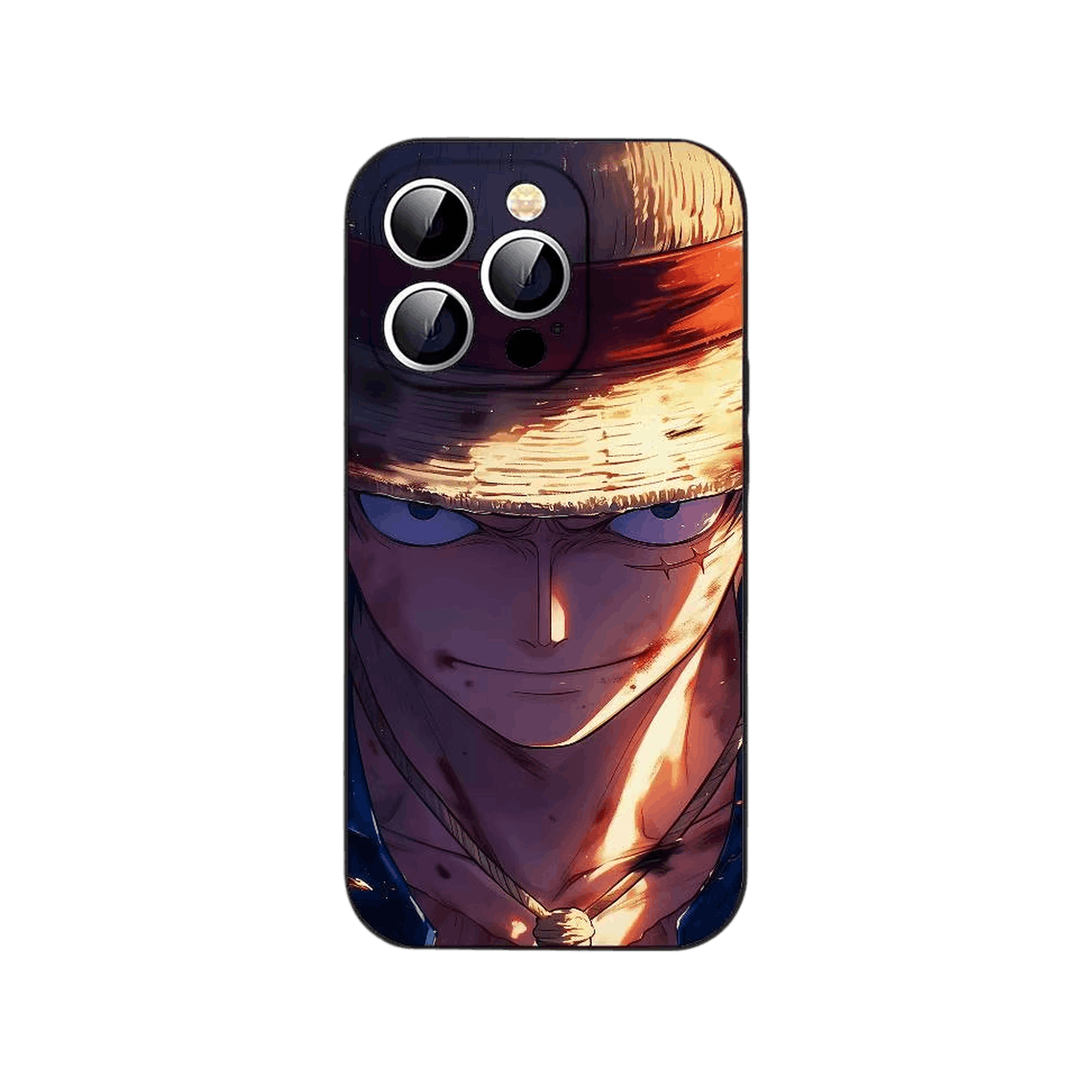 Coque iPhone One Piece illustrant un gros plan de Monkey D. Luffy le visage à demi masqué par l ombre de son chapeau