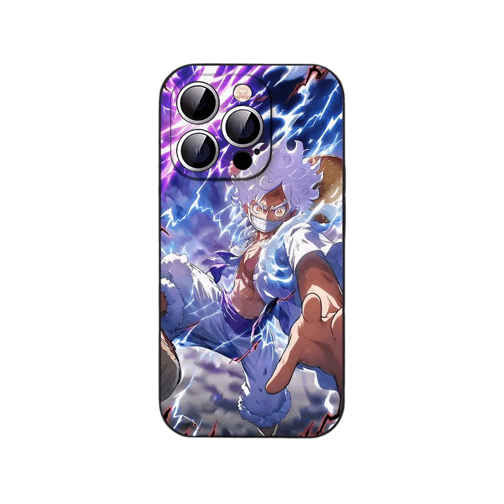Coque iPhone One Piece illustrant Luffy en forme éveillée debout parmi les nuages et les éclairs violets