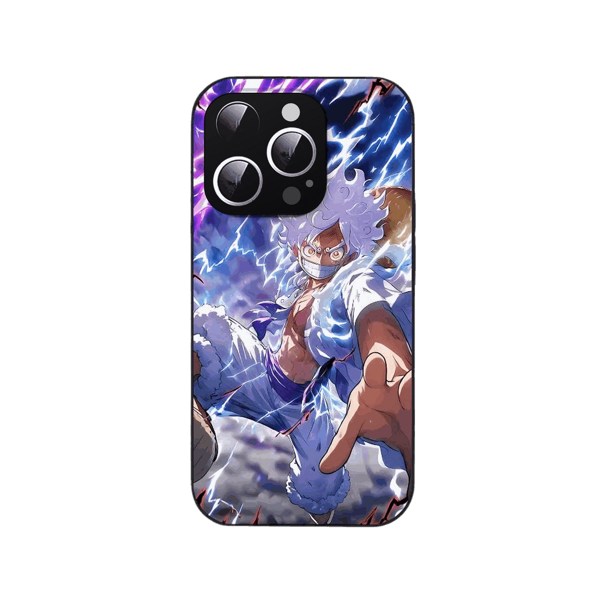 Coque iPhone One Piece illustrant Luffy en forme éveillée debout parmi les nuages et les éclairs violets