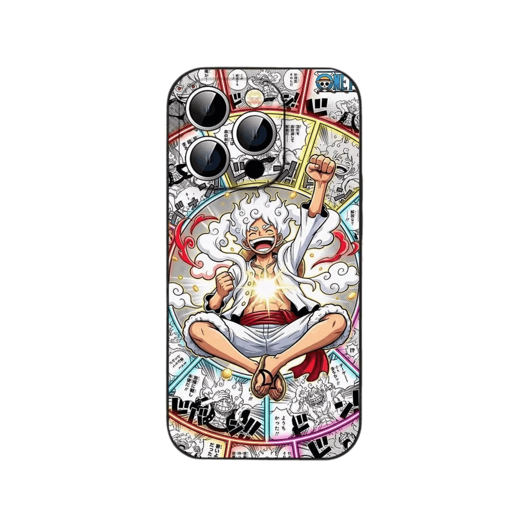Coque iPhone One Piece illustrant Luffy en forme éveillée assis en tailleur sur un fond de cases de manga