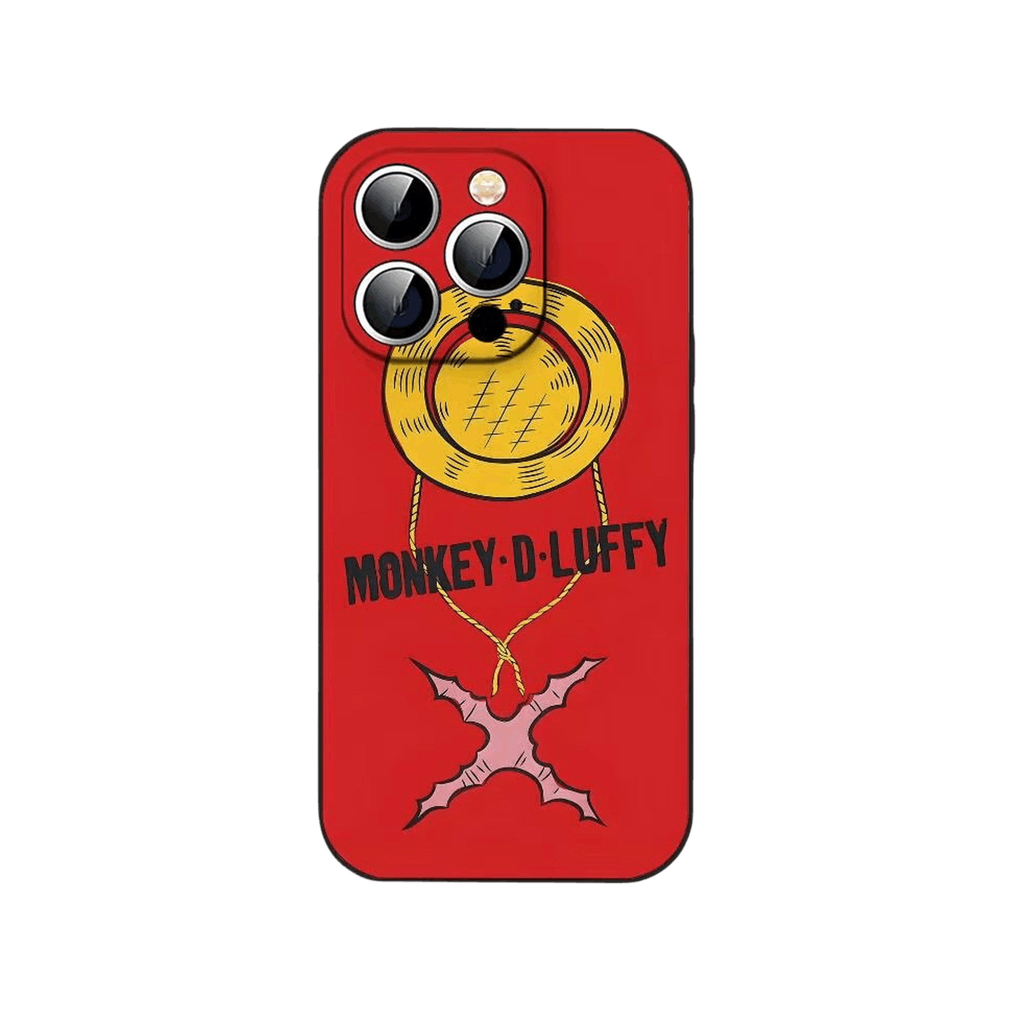Coque iPhone One Piece illustrant un médaillon doré et le lettrage Monkey D. Luffy sur un aplat rouge