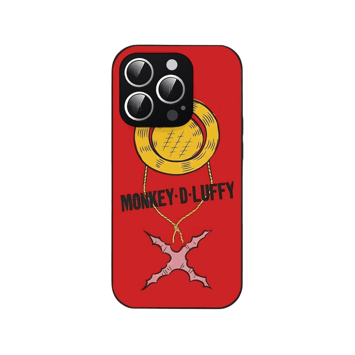 Coque iPhone One Piece illustrant un médaillon doré et le lettrage Monkey D. Luffy sur un aplat rouge