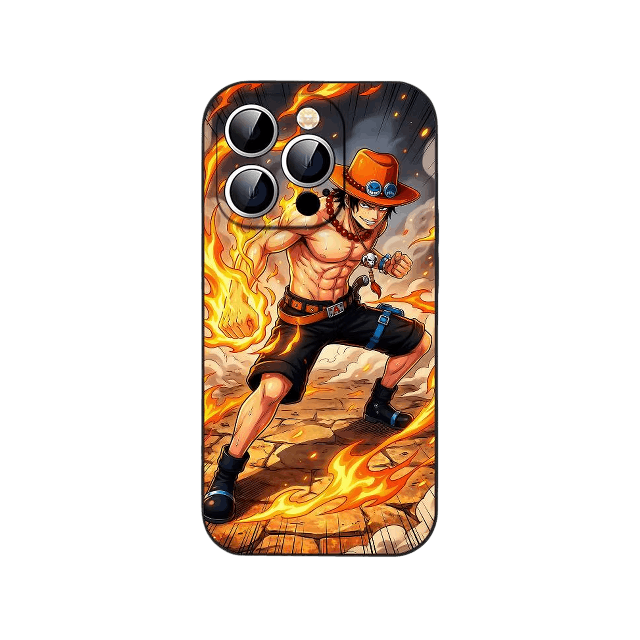 Coque iPhone One Piece illustrant Portgas D. Ace le poing enflammé sur un sol de pierre parcouru de flammes
