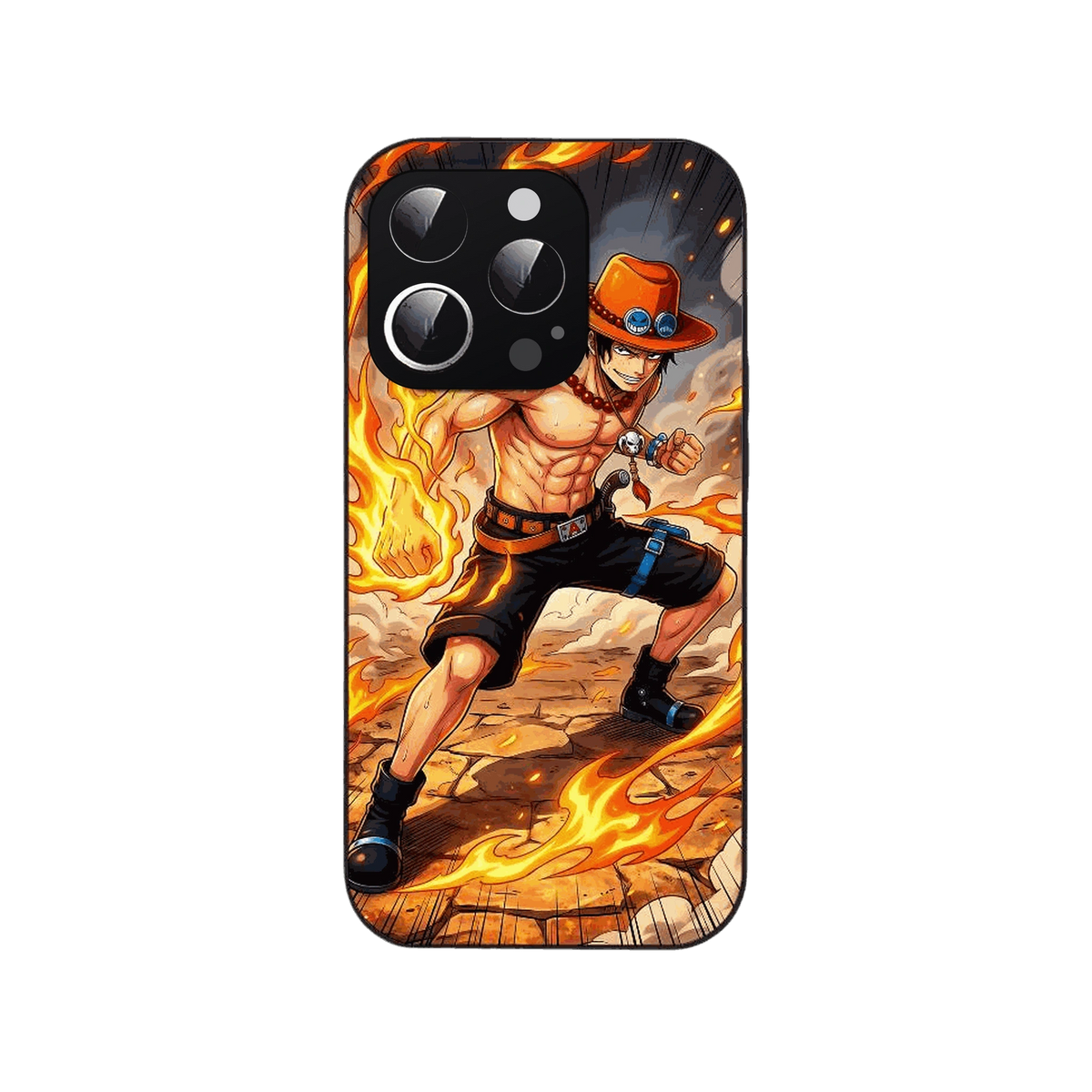 Coque iPhone One Piece illustrant Portgas D. Ace le poing enflammé sur un sol de pierre parcouru de flammes