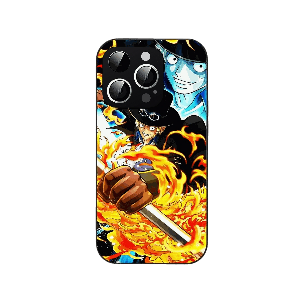 Coque iPhone One Piece illustrant barre de metal en main, flammes autour, fond bleu et jaune