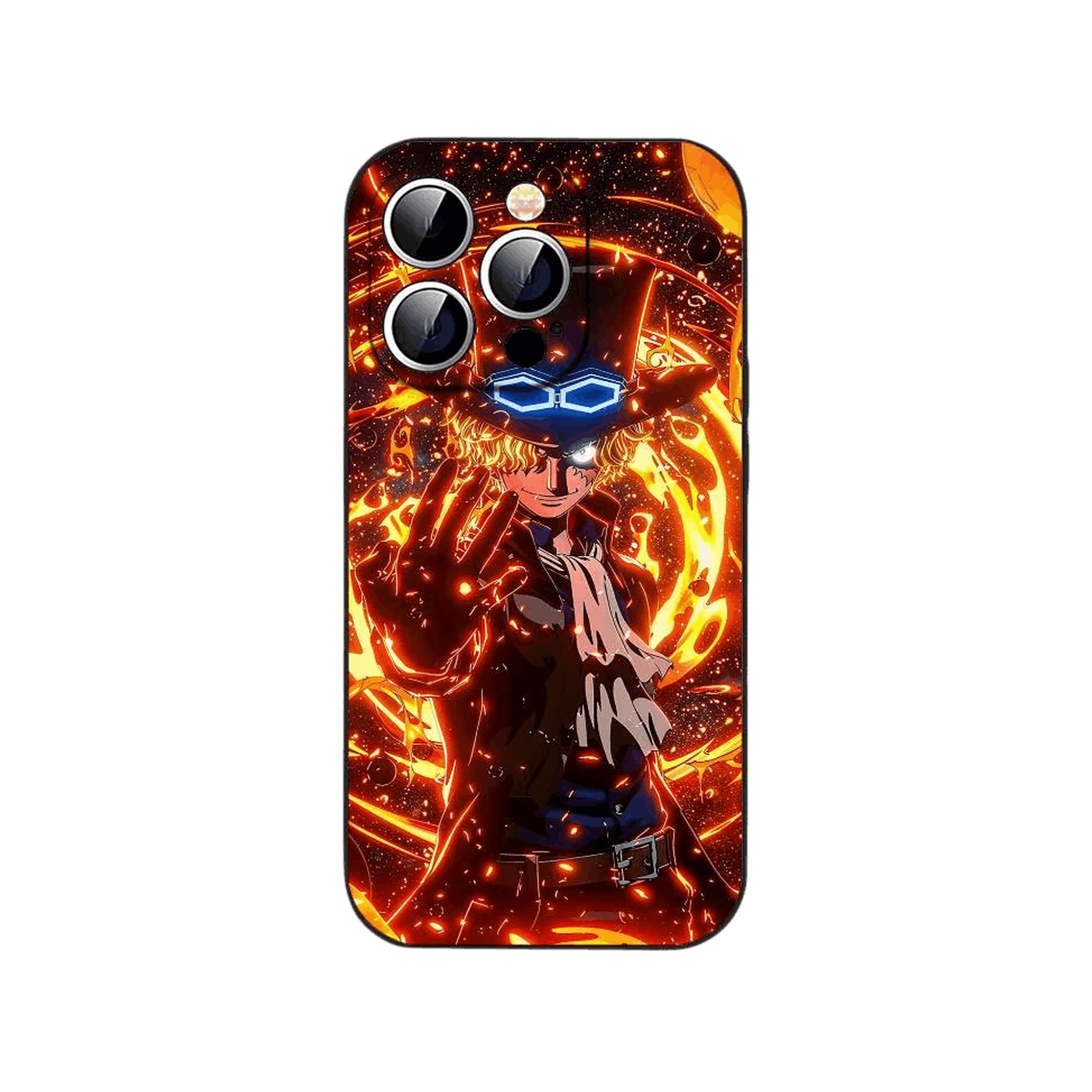 Coque iPhone One Piece illustrant silhouette de trois quarts au centre d'un anneau de feu