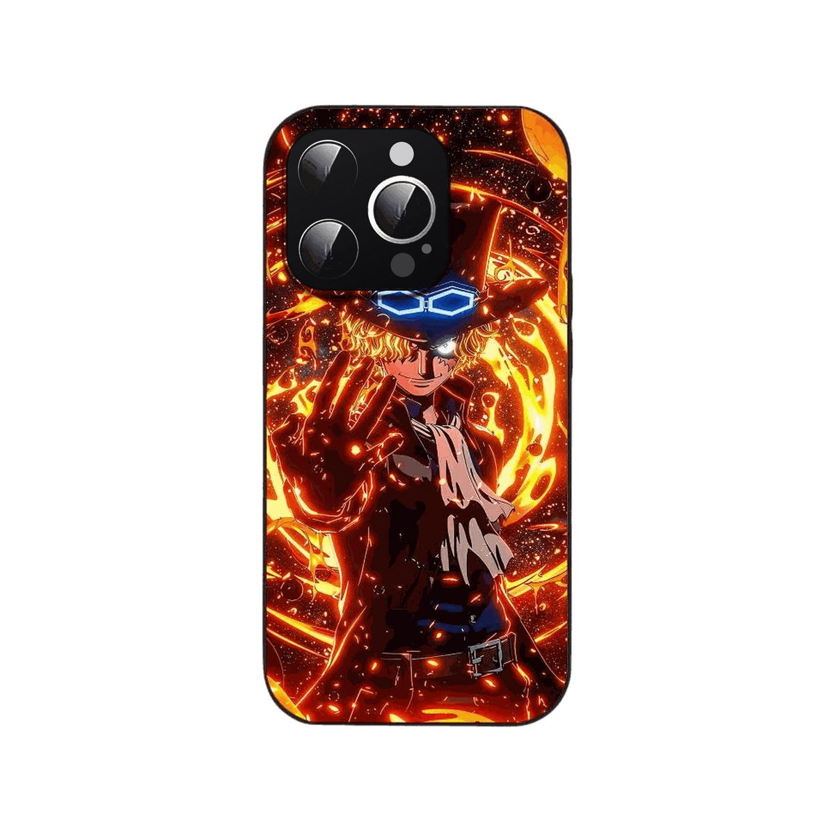Coque iPhone One Piece illustrant silhouette de trois quarts au centre d'un anneau de feu
