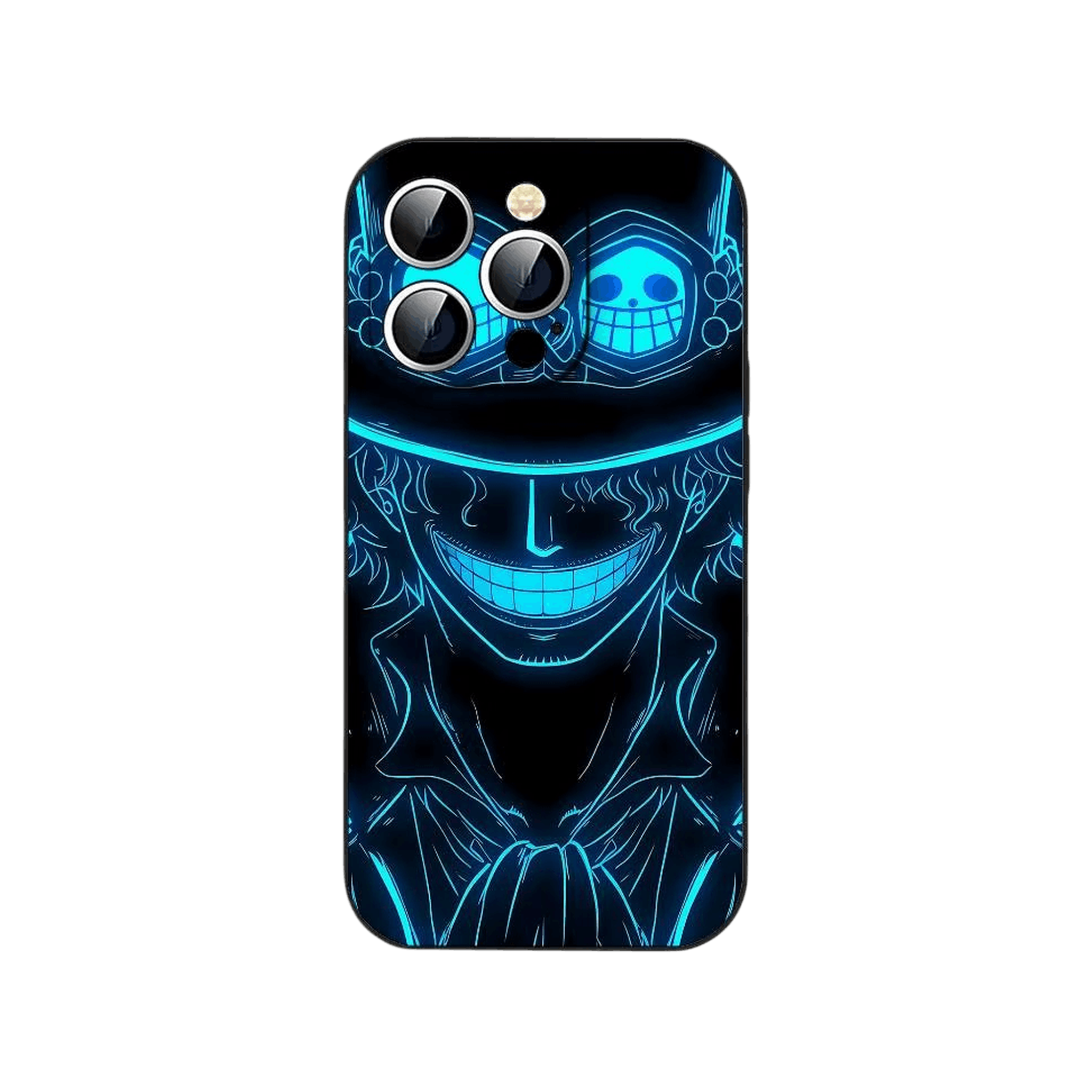 Coque iPhone One Piece illustrant silhouette tracee au trait lumineux bleu sur fond noir