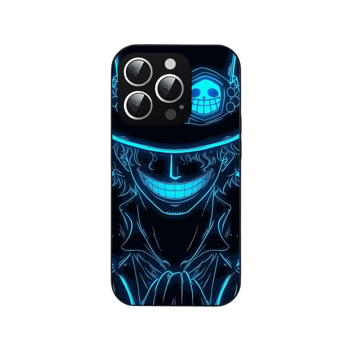 Coque iPhone One Piece illustrant silhouette tracee au trait lumineux bleu sur fond noir
