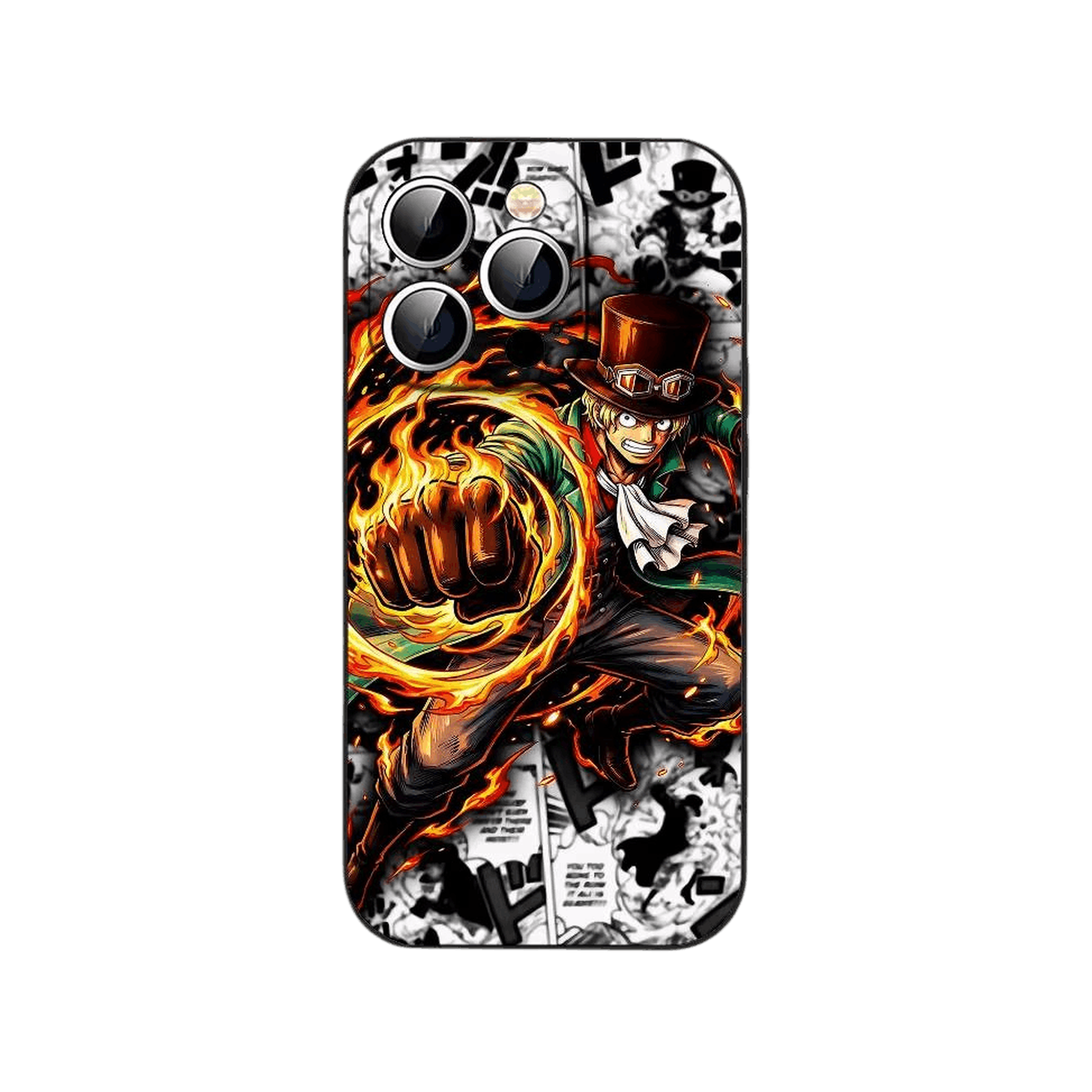 Coque iPhone One Piece illustrant poing enflamme devant un fond de planches en noir et blanc