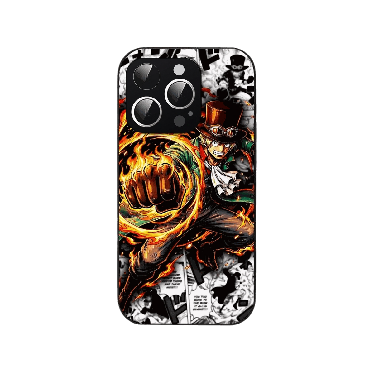 Coque iPhone One Piece illustrant poing enflamme devant un fond de planches en noir et blanc