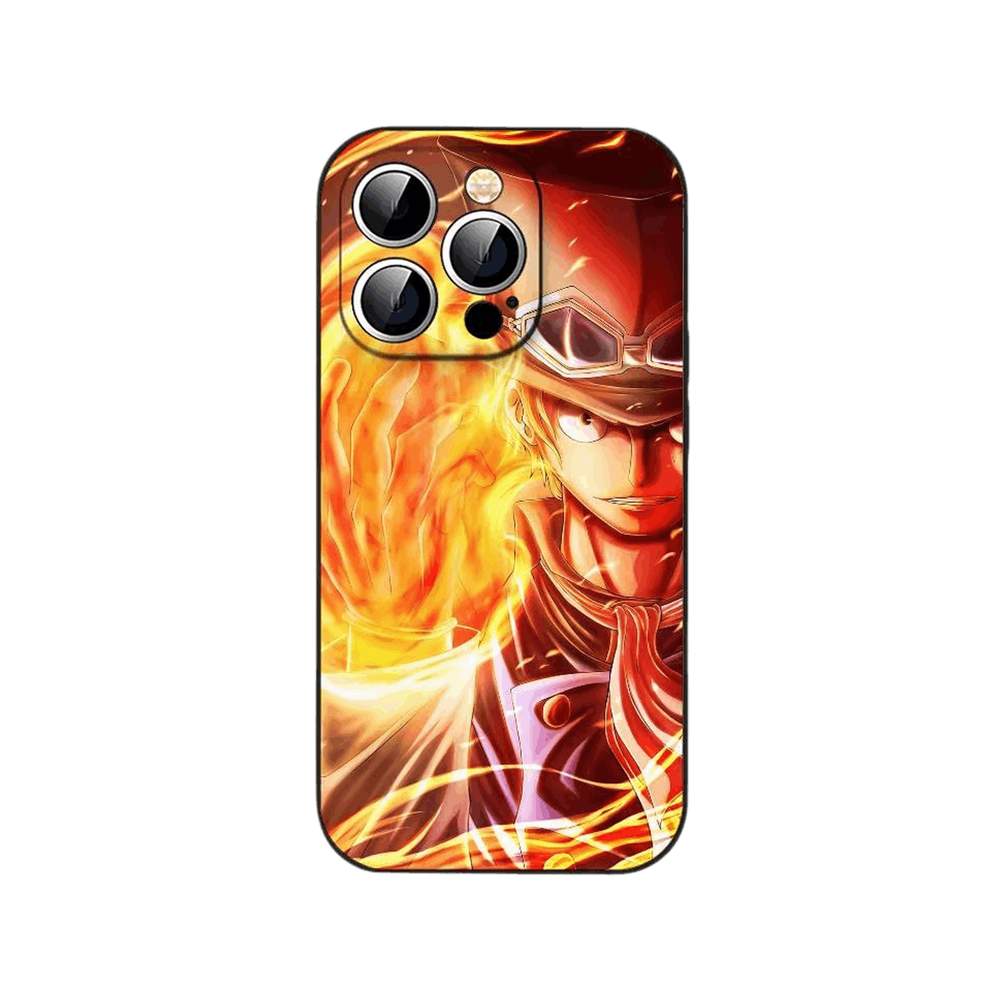Coque iPhone One Piece illustrant portrait rapproche, flammes orange qui montent derriere lui
