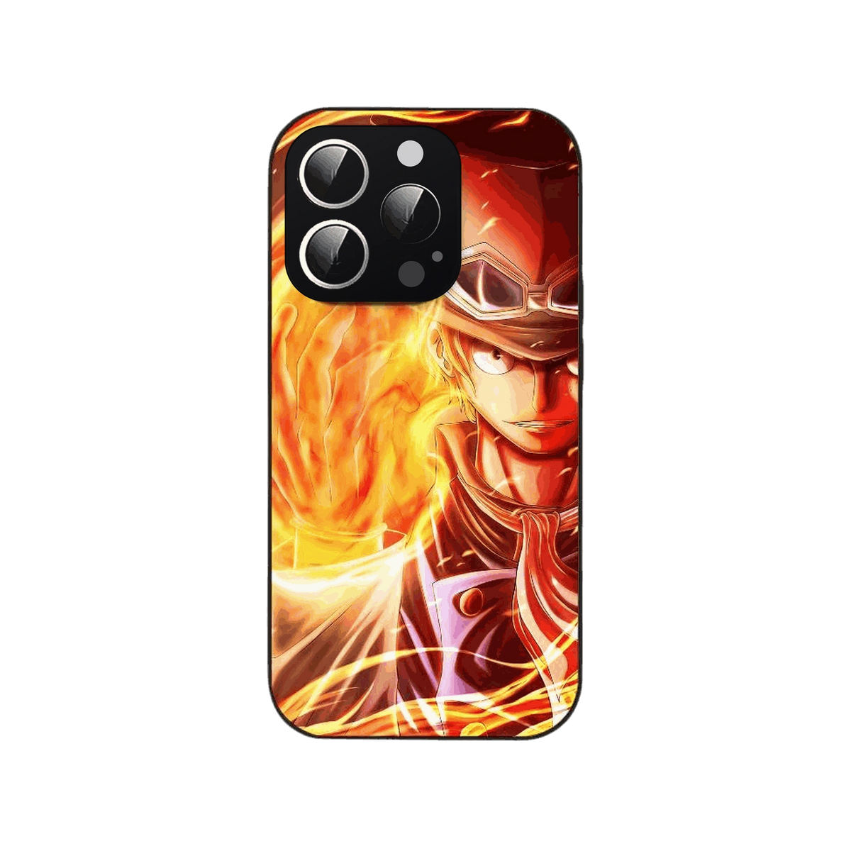 Coque iPhone One Piece illustrant portrait rapproche, flammes orange qui montent derriere lui