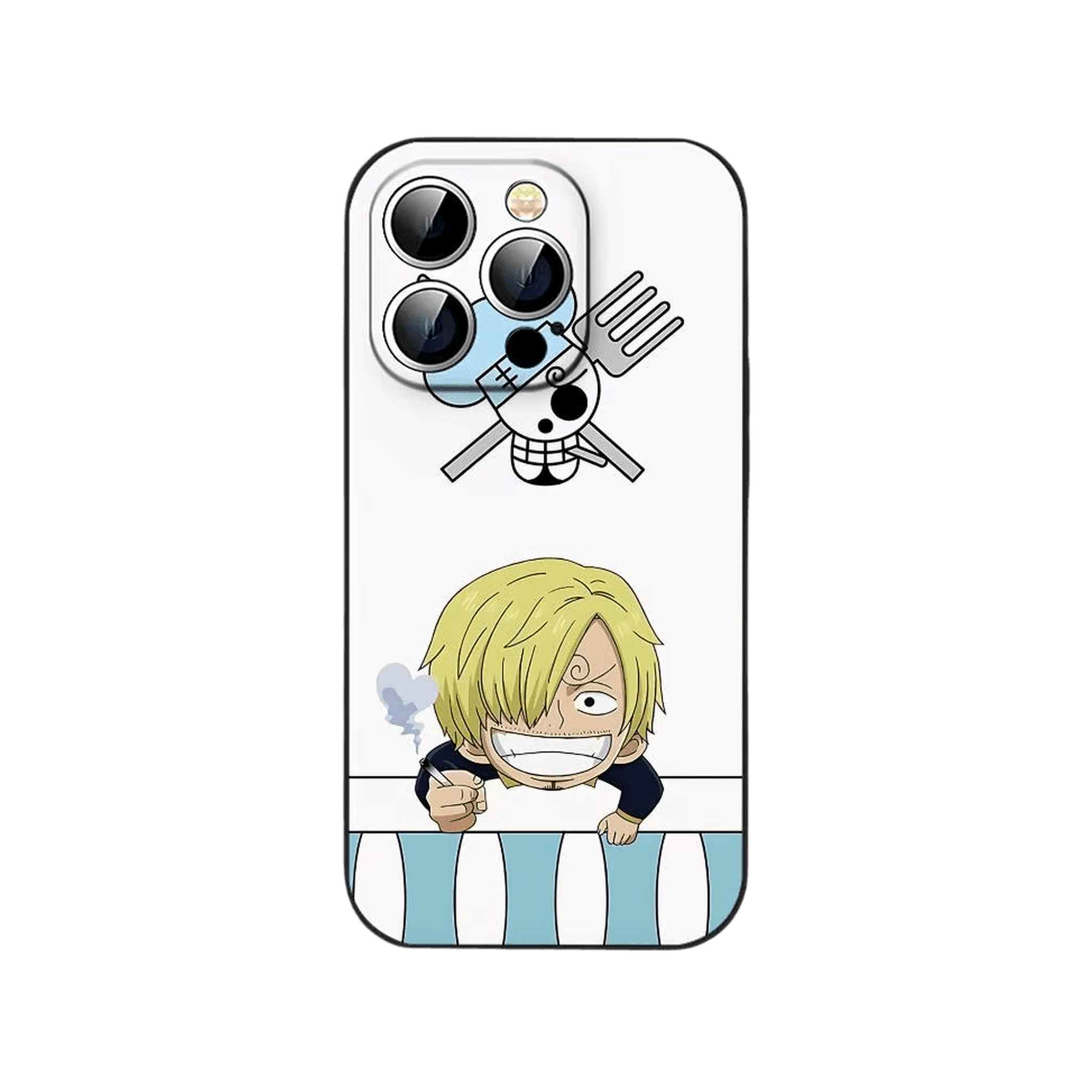 Coque iPhone One Piece illustrant Sanji accoudé à un comptoir sur fond blanc avec le pavillon aux couverts croisés