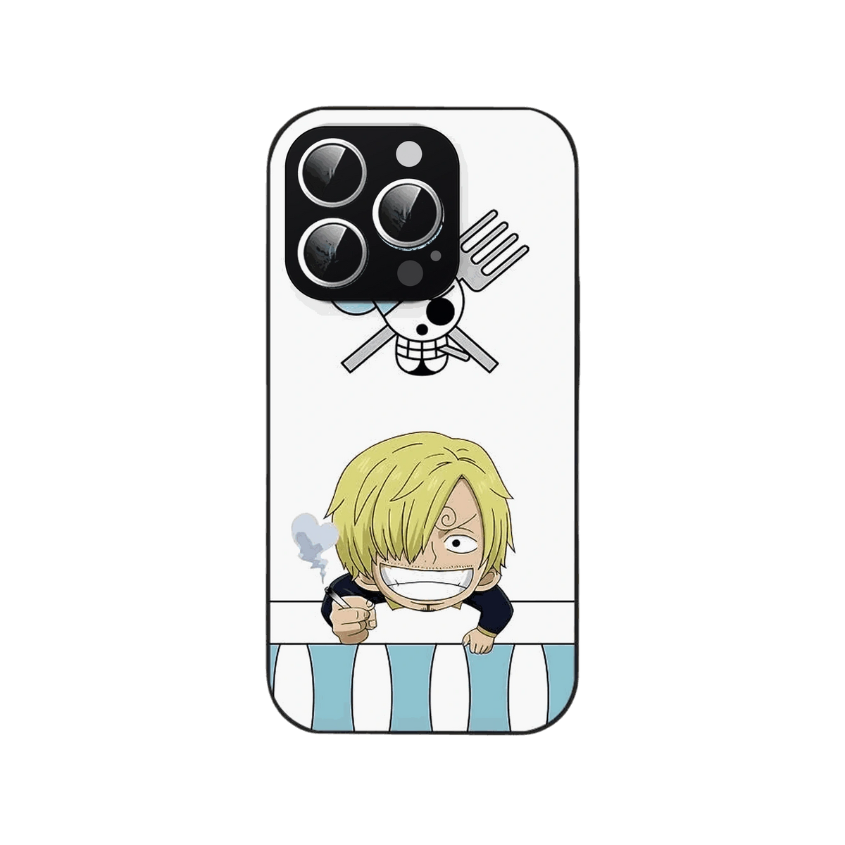 Coque iPhone One Piece illustrant Sanji accoudé à un comptoir sur fond blanc avec le pavillon aux couverts croisés