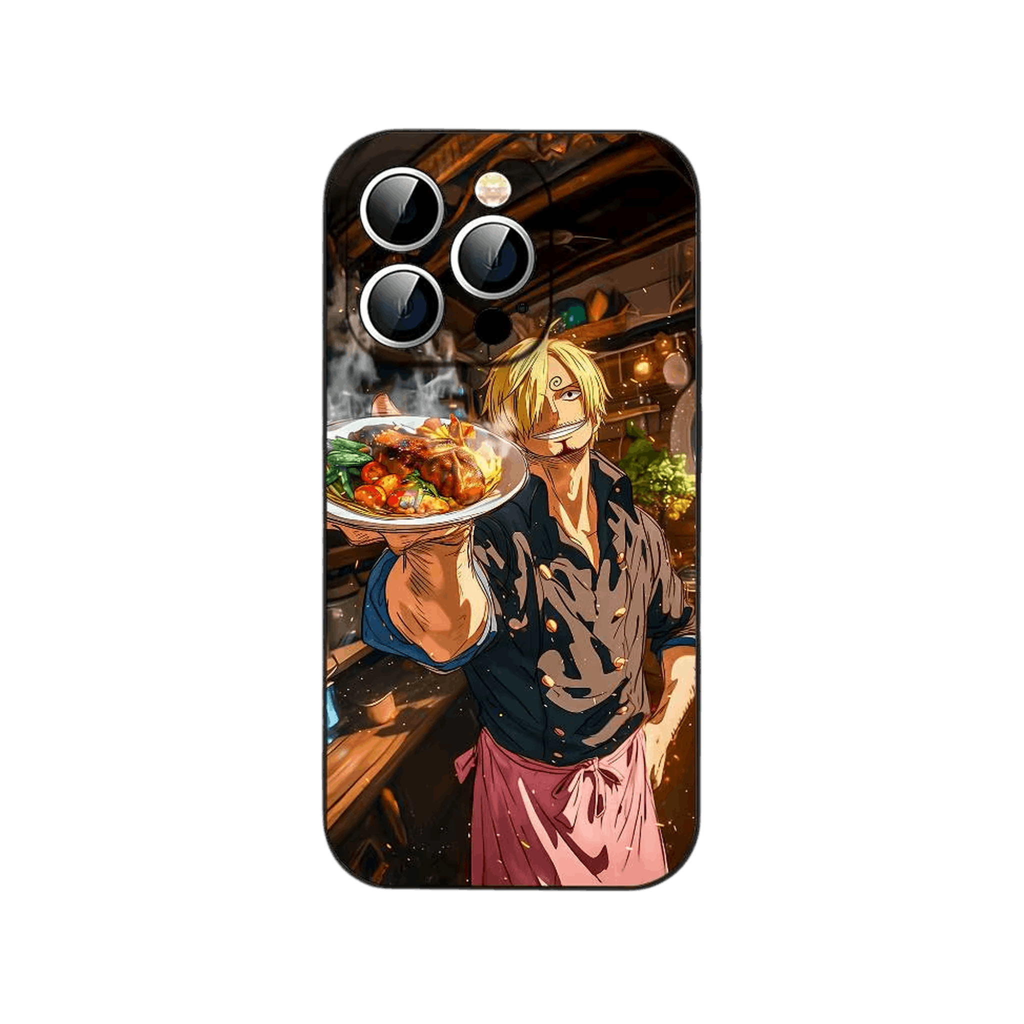 Coque iPhone One Piece illustrant Sanji en cuisinier portant une assiette dans un intérieur de bois éclairé